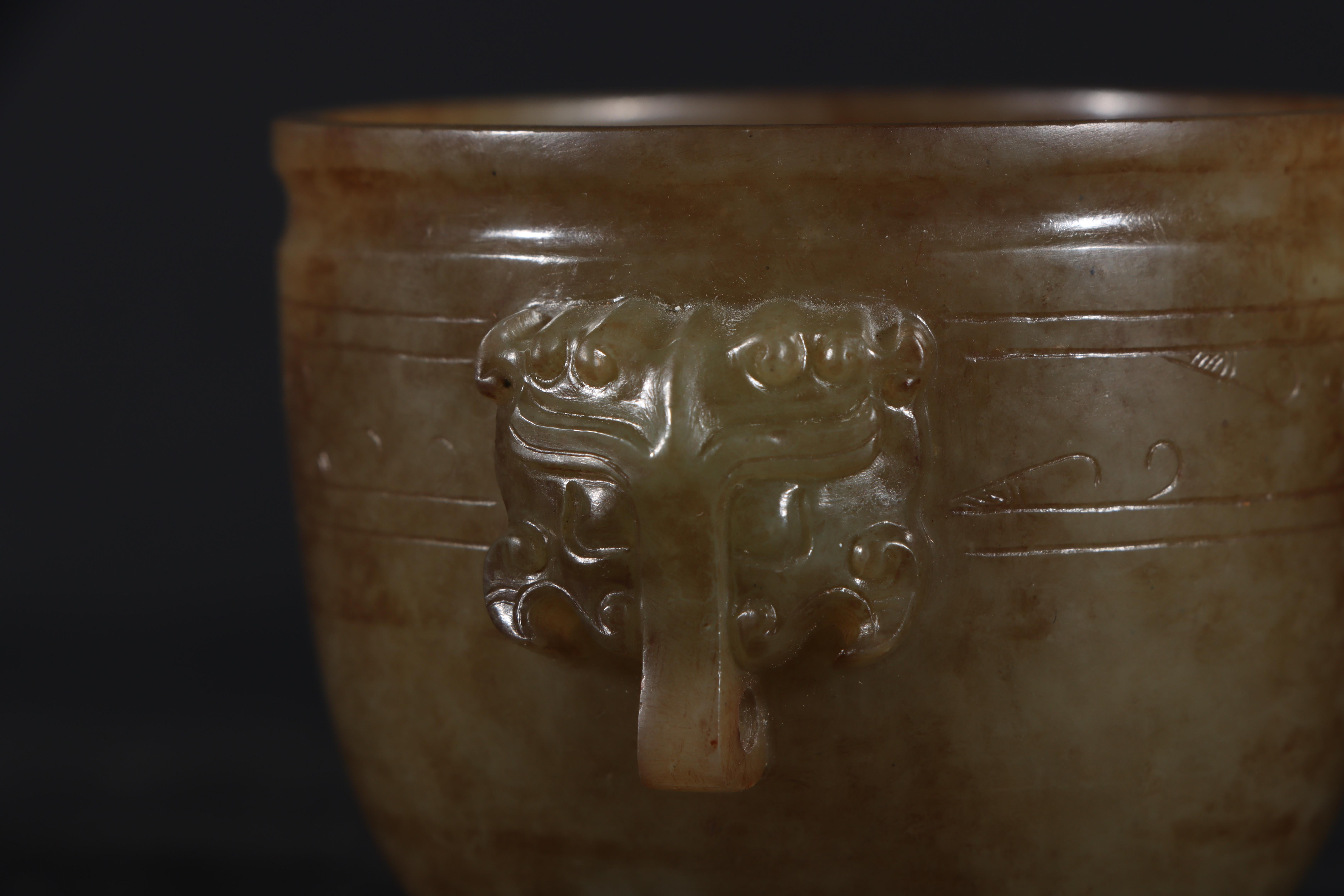 Antique Chinese Jade Cup Carved with Two Beast Head Ears 1