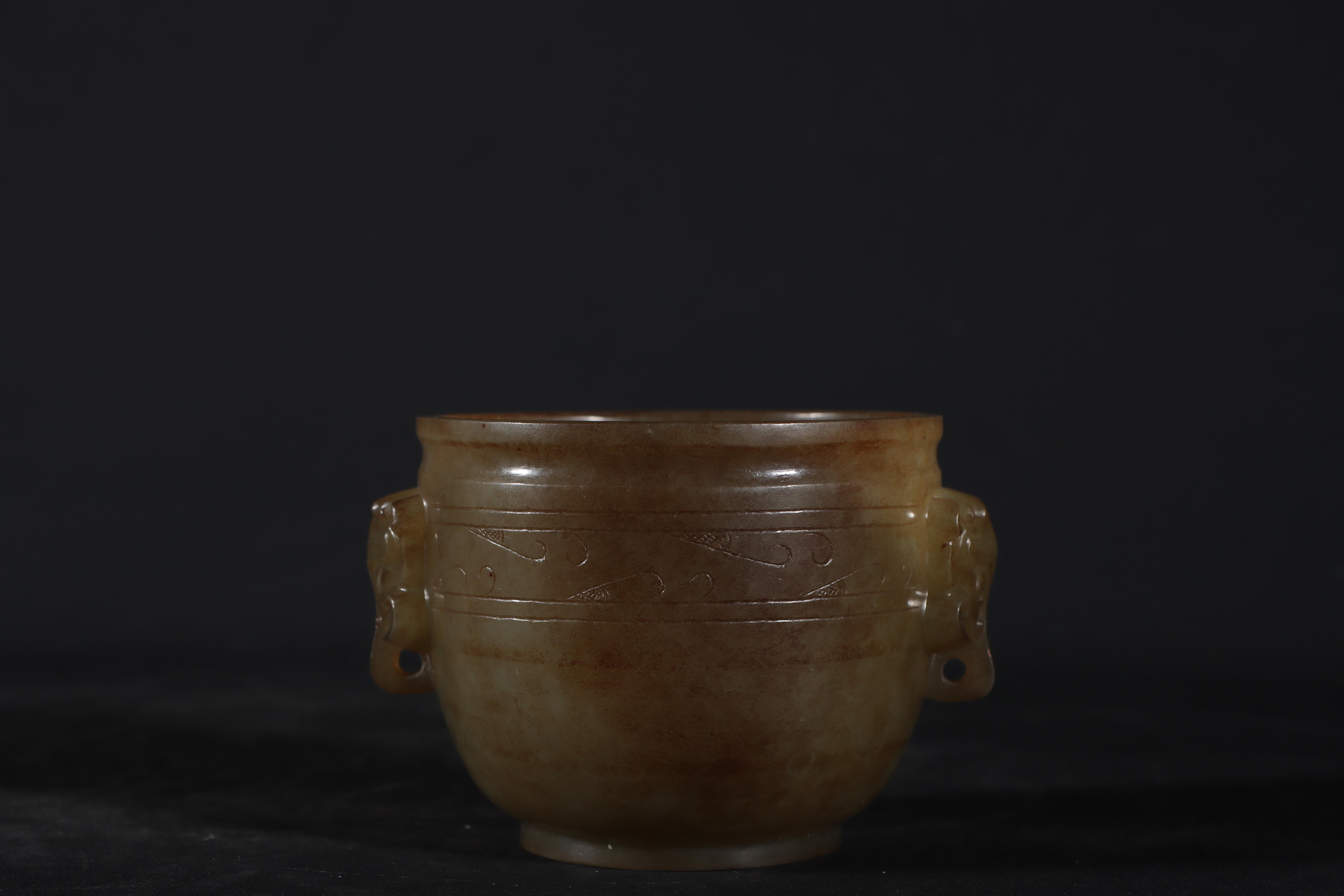 Antique Chinese Jade Cup Carved with Two Beast Head Ears 2