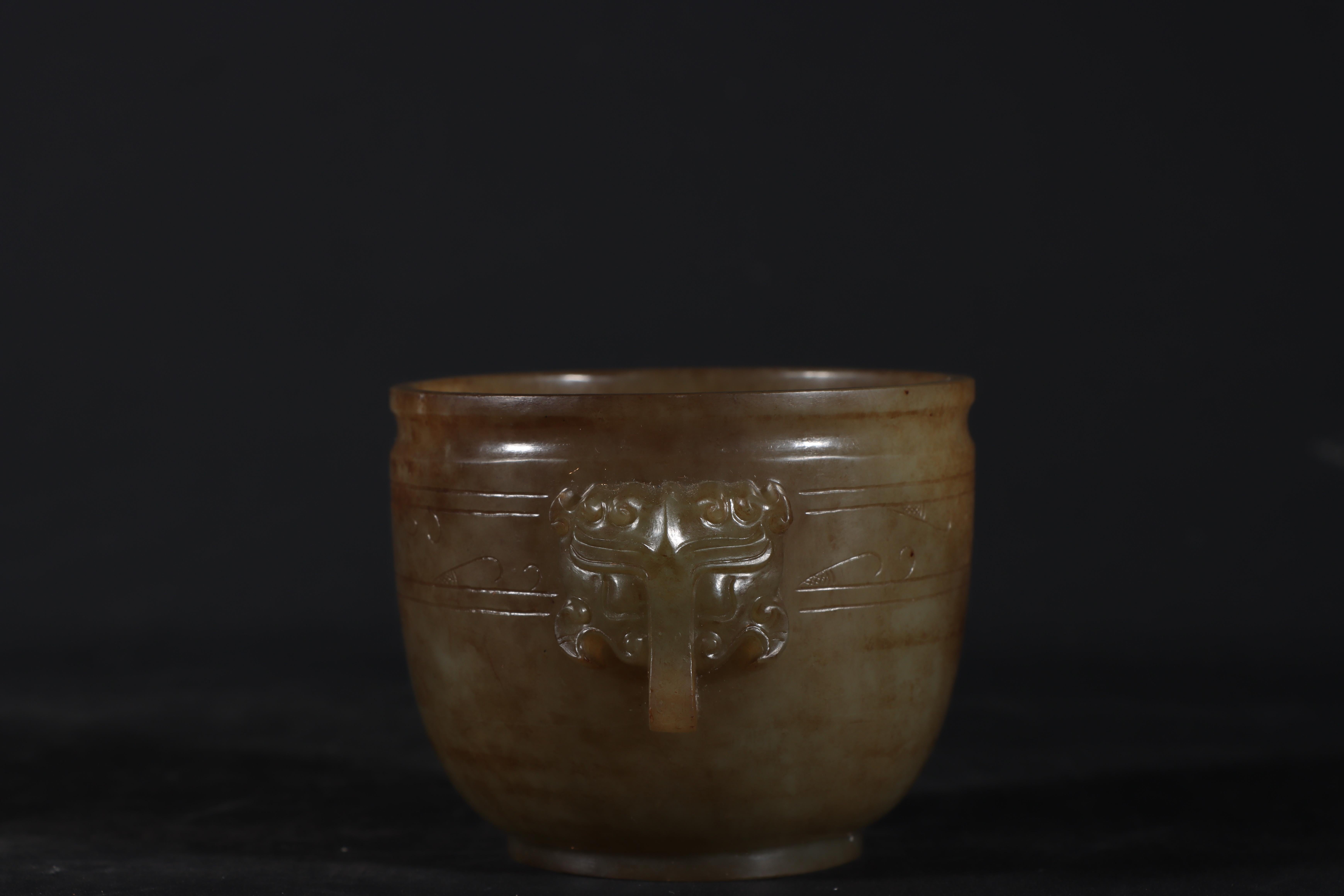 Antique Chinese Jade Cup Carved with Two Beast Head Ears 3