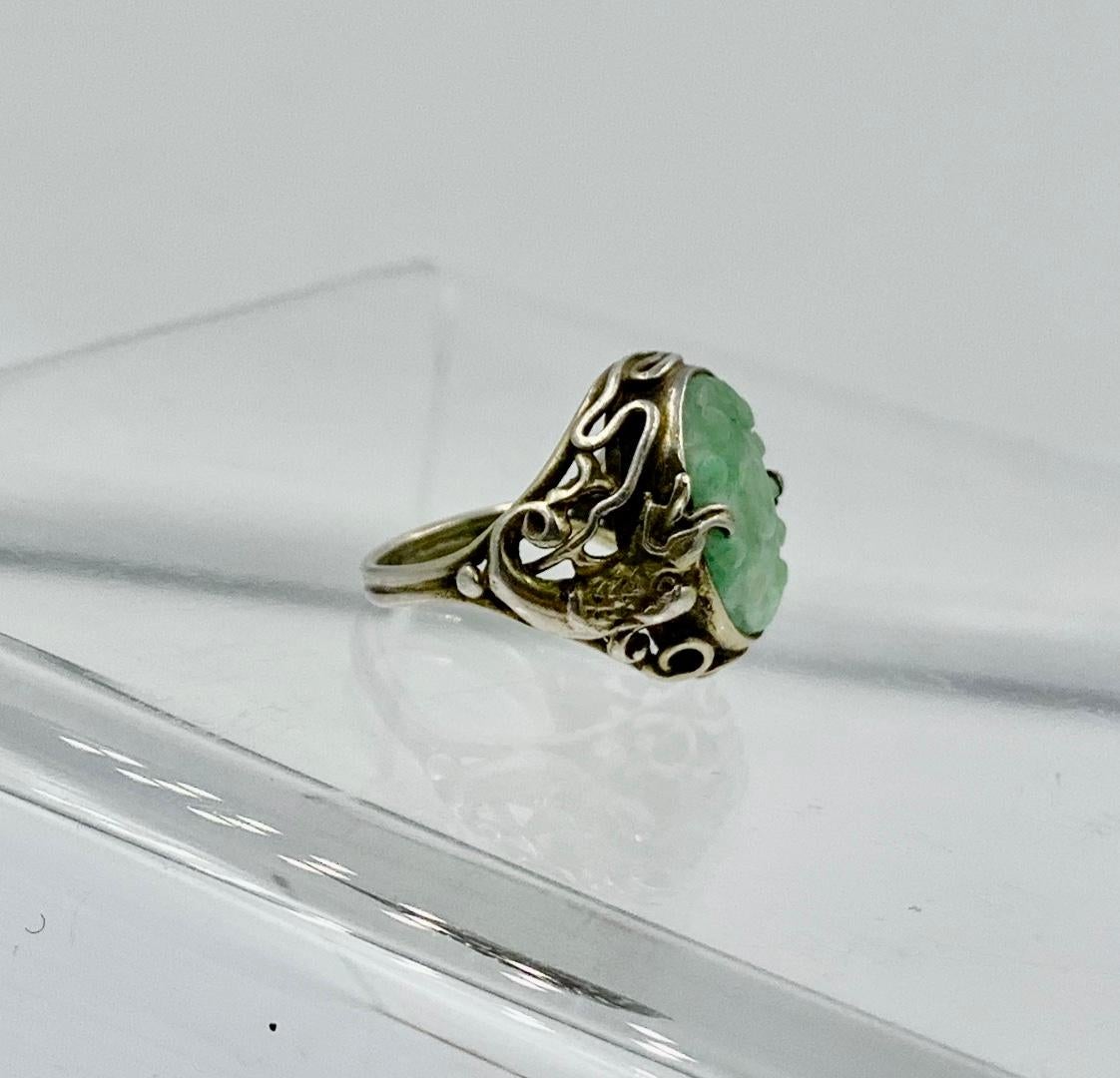 Antiker chinesischer Jade Drachen Ring geschnitzte Blume Silber im Angebot 4