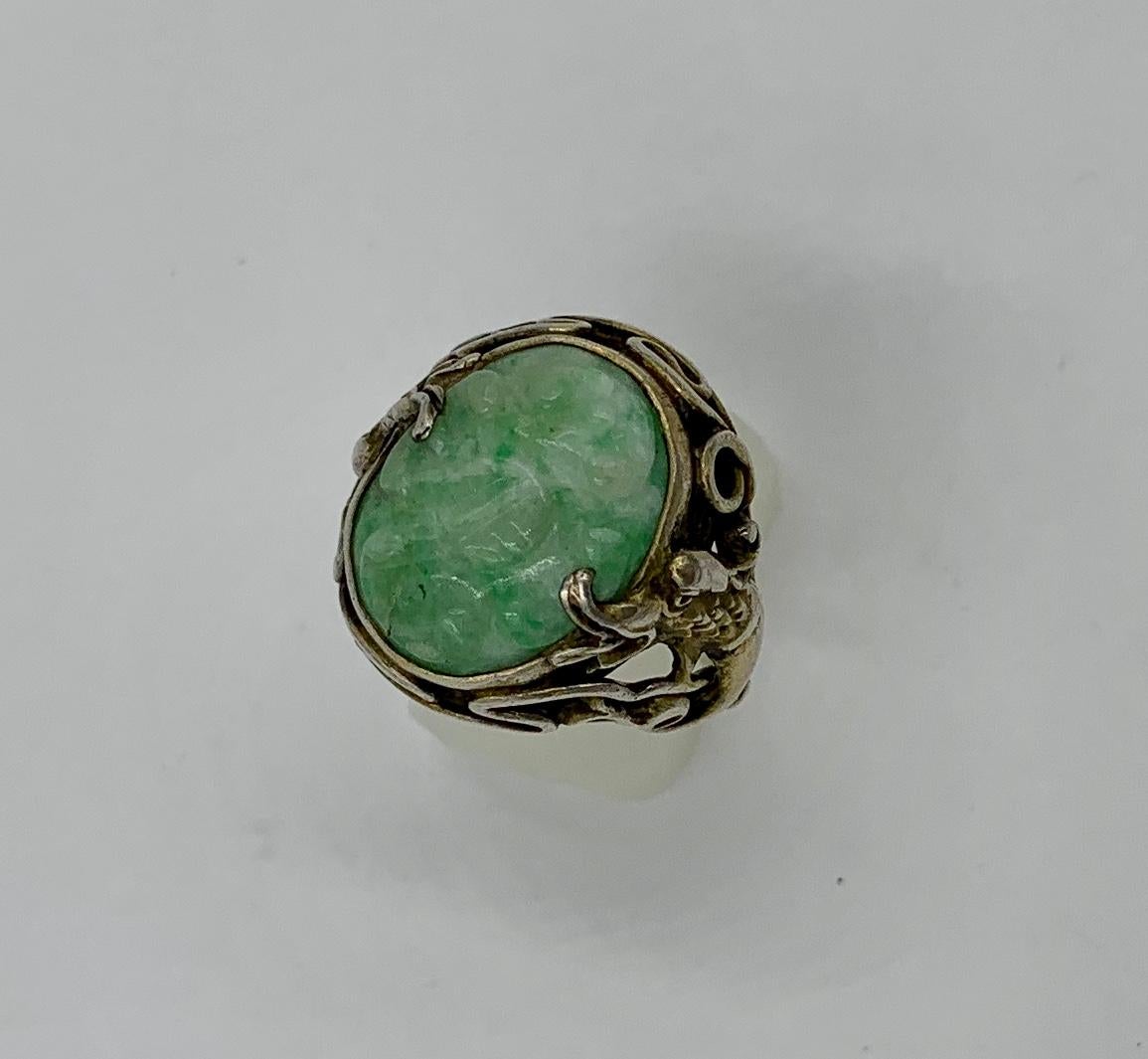 Art Deco Antique Chinese Jade Dragon Ring Carved Flower Silver For Sale