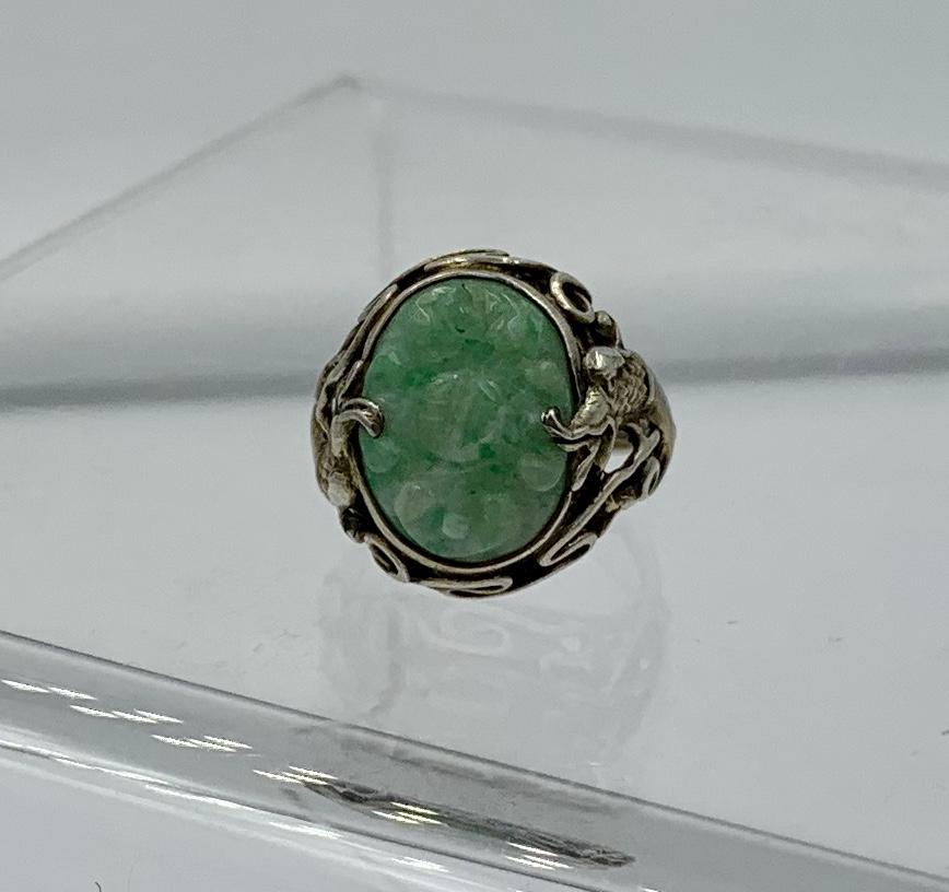 Mixed Cut Antique Chinese Jade Dragon Ring Carved Flower Silver For Sale