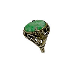 Antique Chinese Jade Dragon Ring Carved Flower Silver