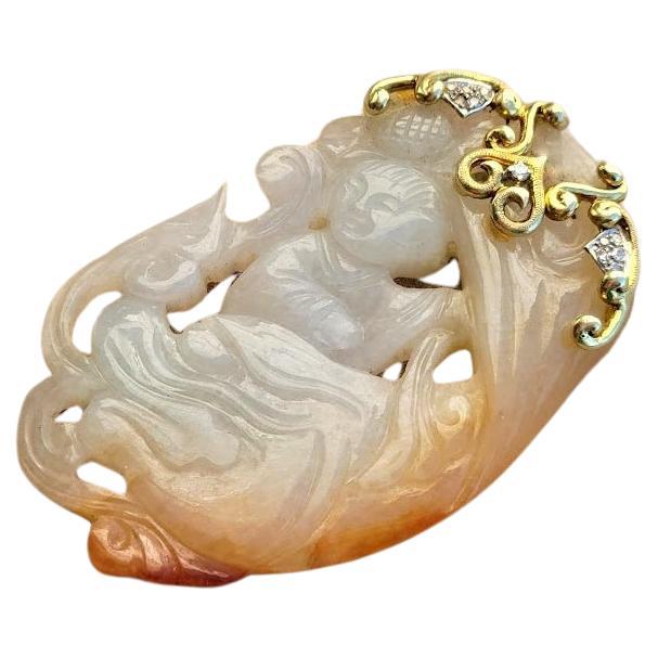 Antique Chinese Jade Pendant Goddess Guanyin circa Late 19th to Early 20th Century Qing Dynasty

A marvelous item featuring a massive piece of carved brownish-red celadon jade depicting the goddess Guanyin. For a touch of sophistication, the top of