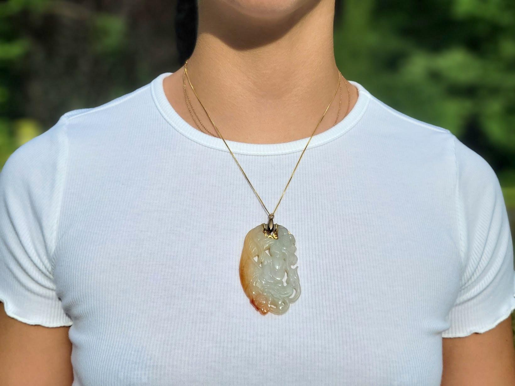 Women's or Men's GIA Certified, Antique Chinese Jade Gold Pendant Goddess Guanyin With Diamond For Sale