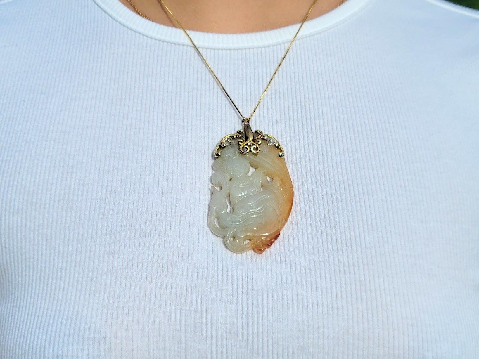 GIA Certified, Antique Chinese Jade Gold Pendant Goddess Guanyin With Diamond For Sale 1