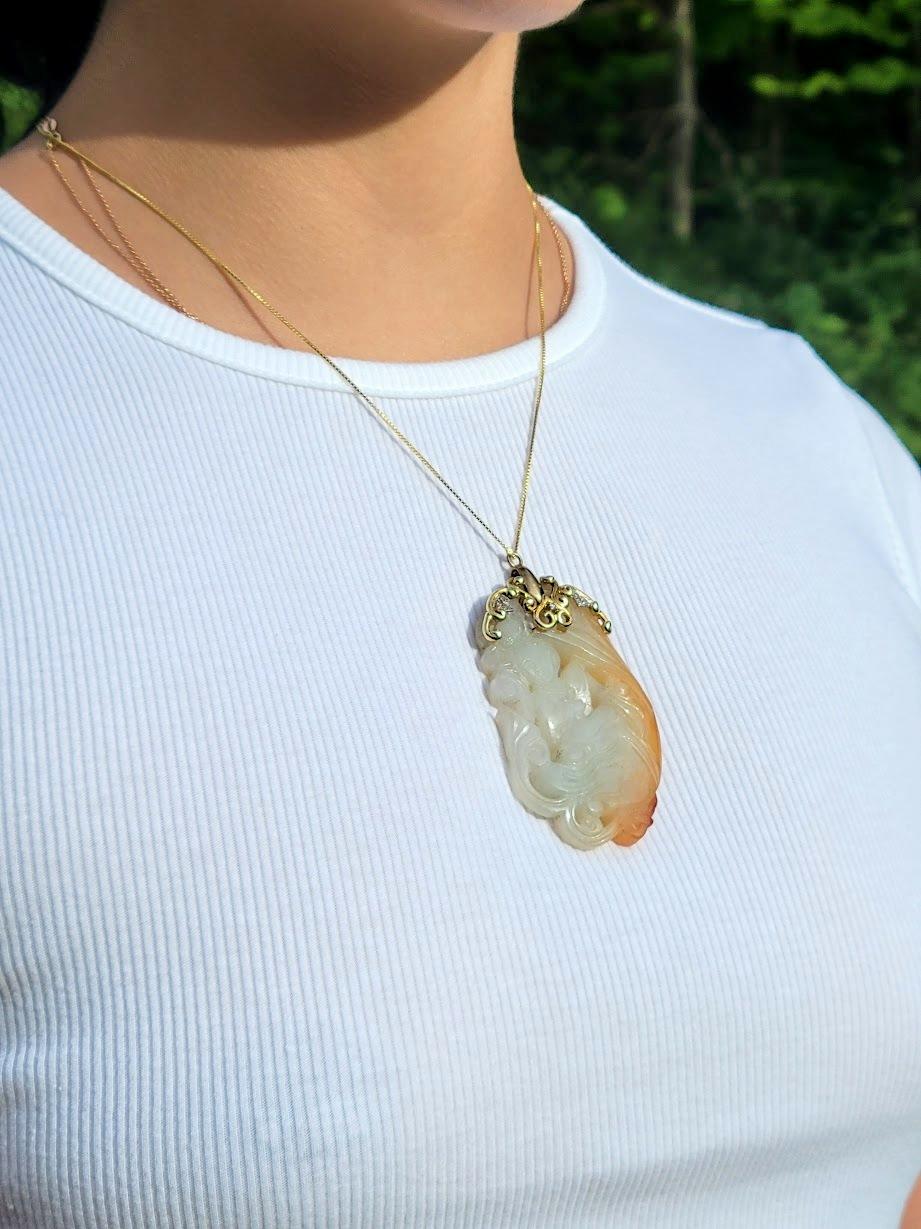 GIA Certified, Antique Chinese Jade Gold Pendant Goddess Guanyin With Diamond For Sale 2