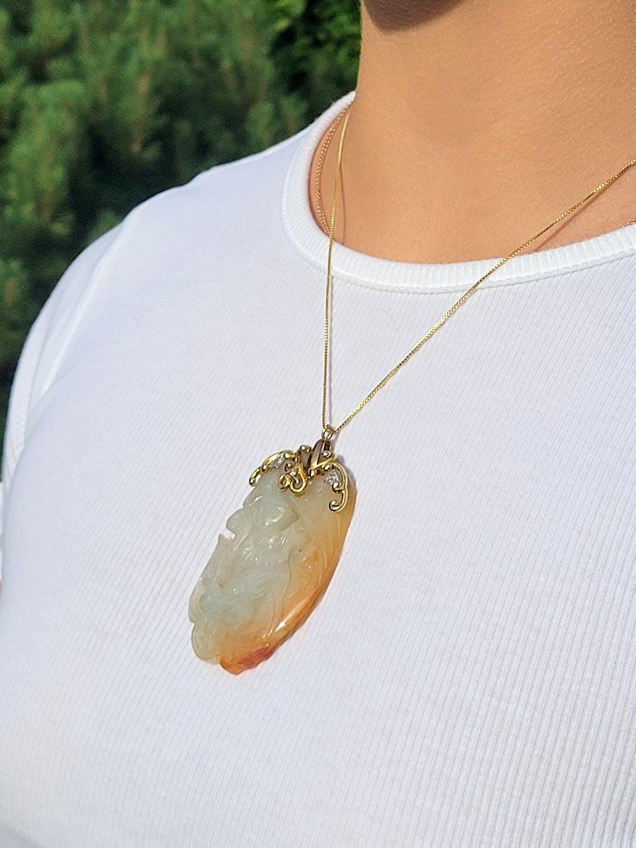 GIA Certified, Antique Chinese Jade Gold Pendant Goddess Guanyin With Diamond For Sale 3