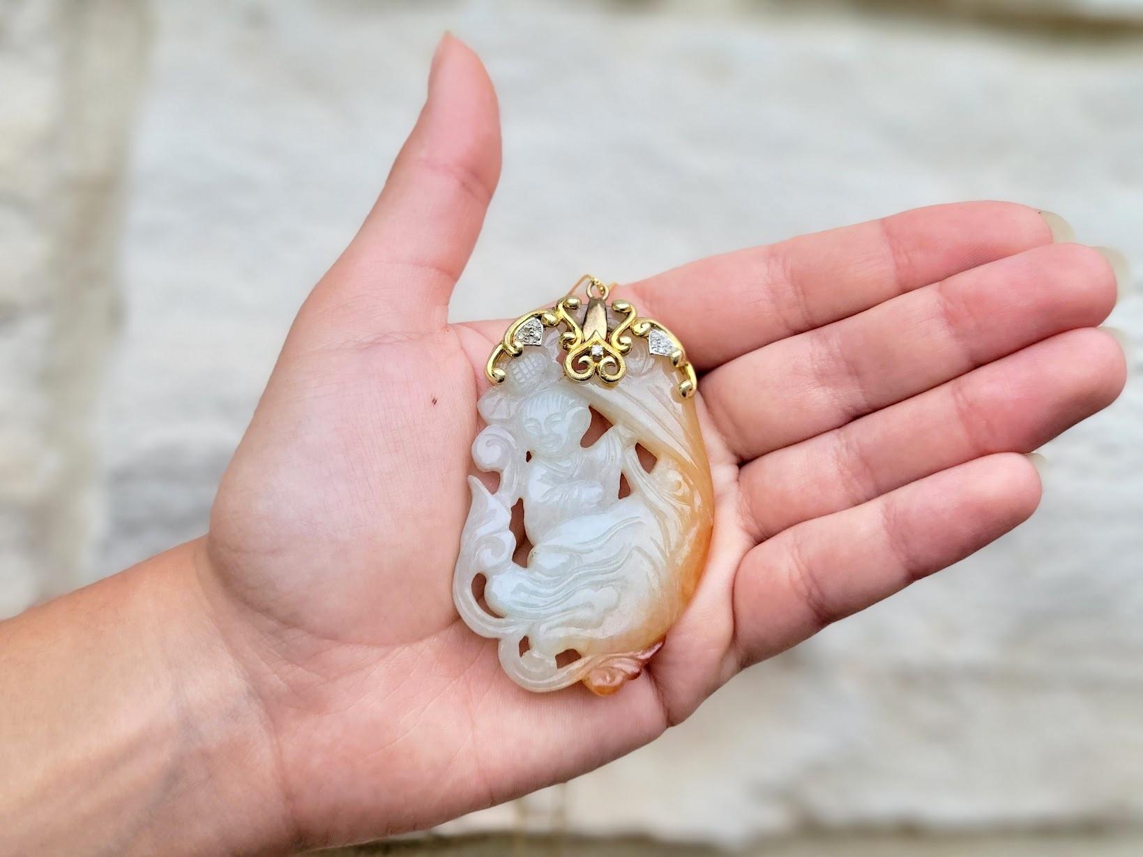 GIA Certified, Antique Chinese Jade Gold Pendant Goddess Guanyin With Diamond For Sale 4