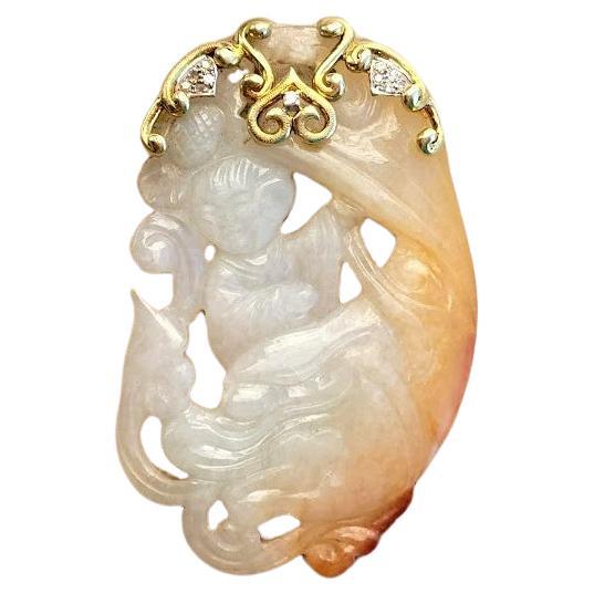 GIA Certified, Antique Chinese Jade Gold Pendant Goddess Guanyin With Diamond