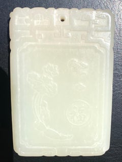 Antique Chinese Jade Good Fortune Pendant Plaque, Guan Yin, Qilin, Lotus, Bat