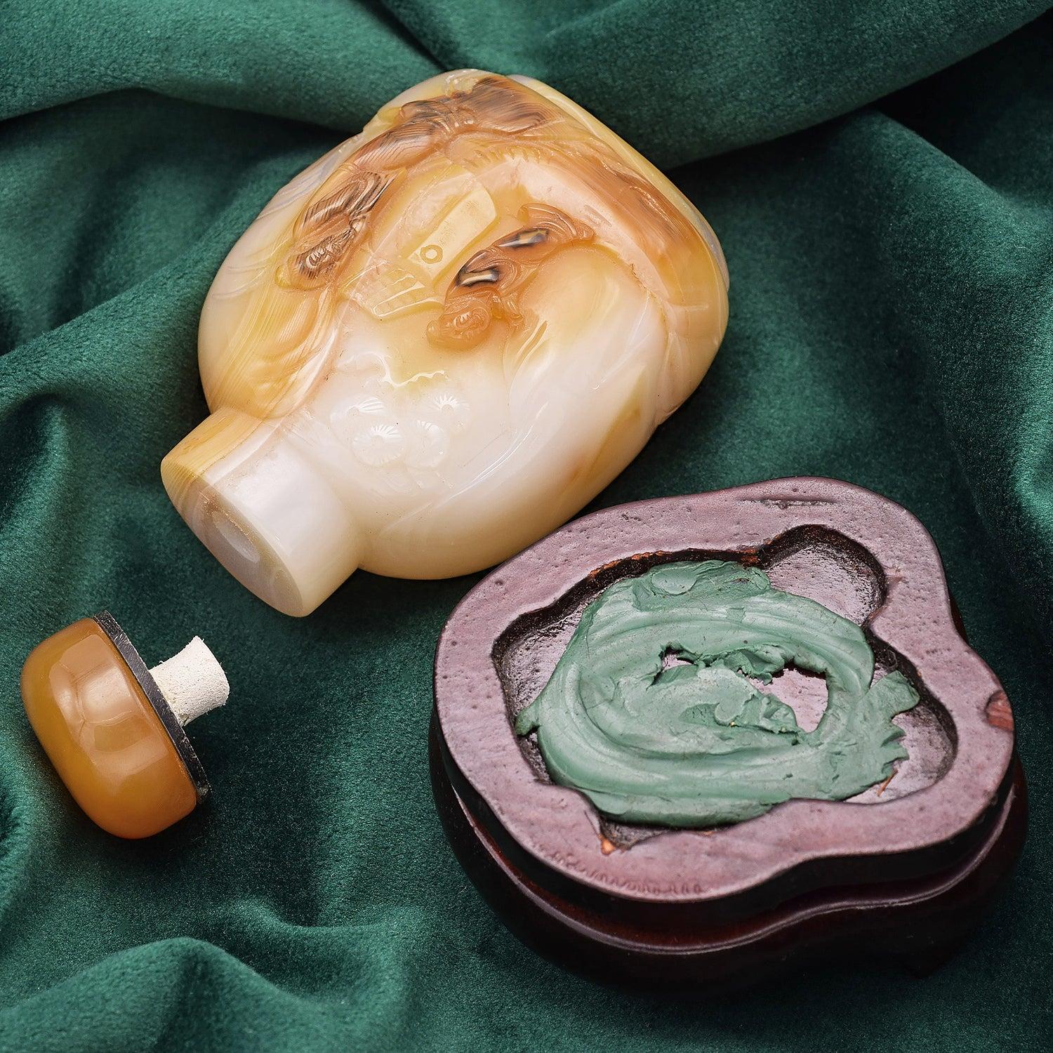 Women's or Men's Antique Chinese Jade People & Landscape Carved Snuff Bottle 130 Grams For Sale