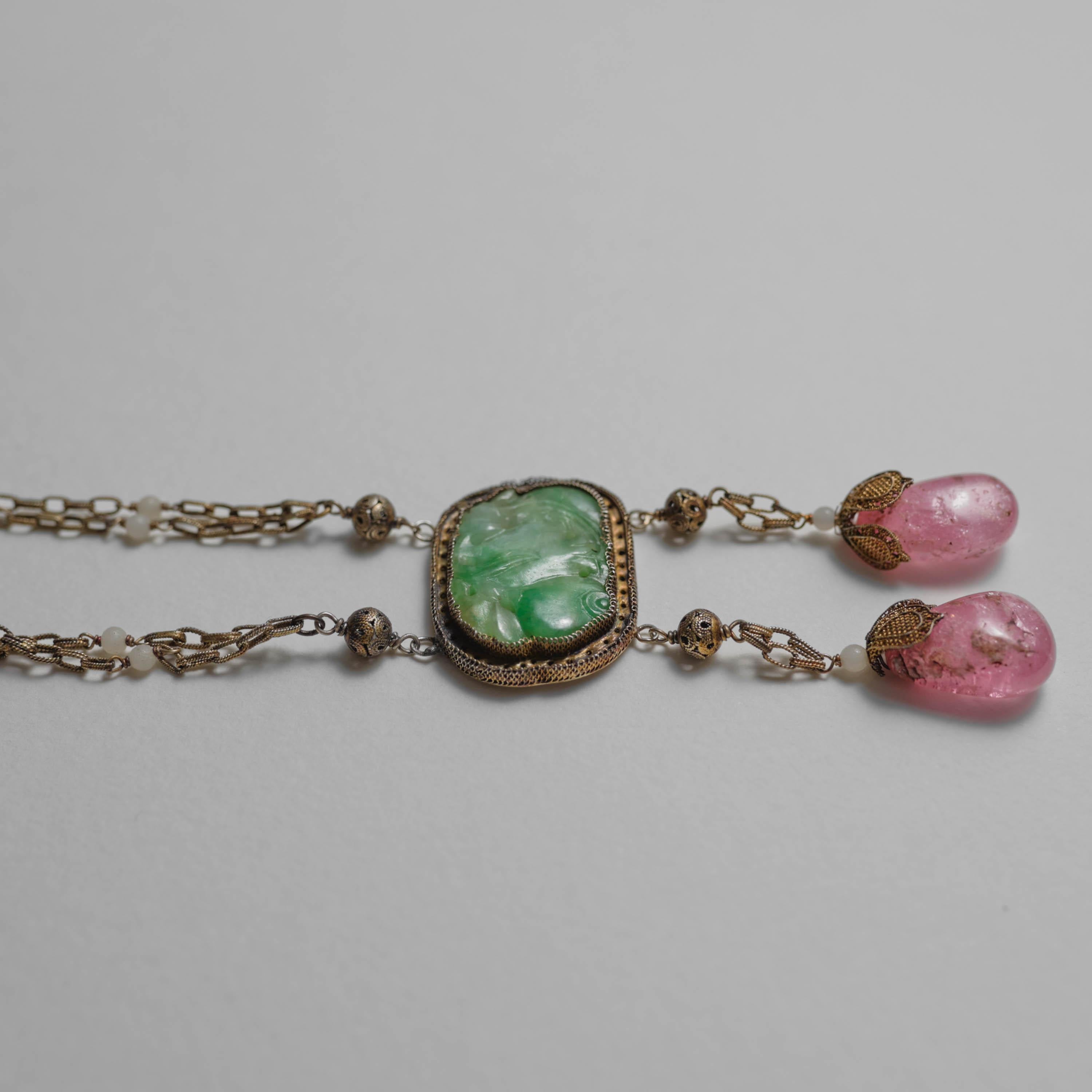 Antique Chinese Jade & Tourmaline Gilt Necklace Art Nouveau For Sale 2