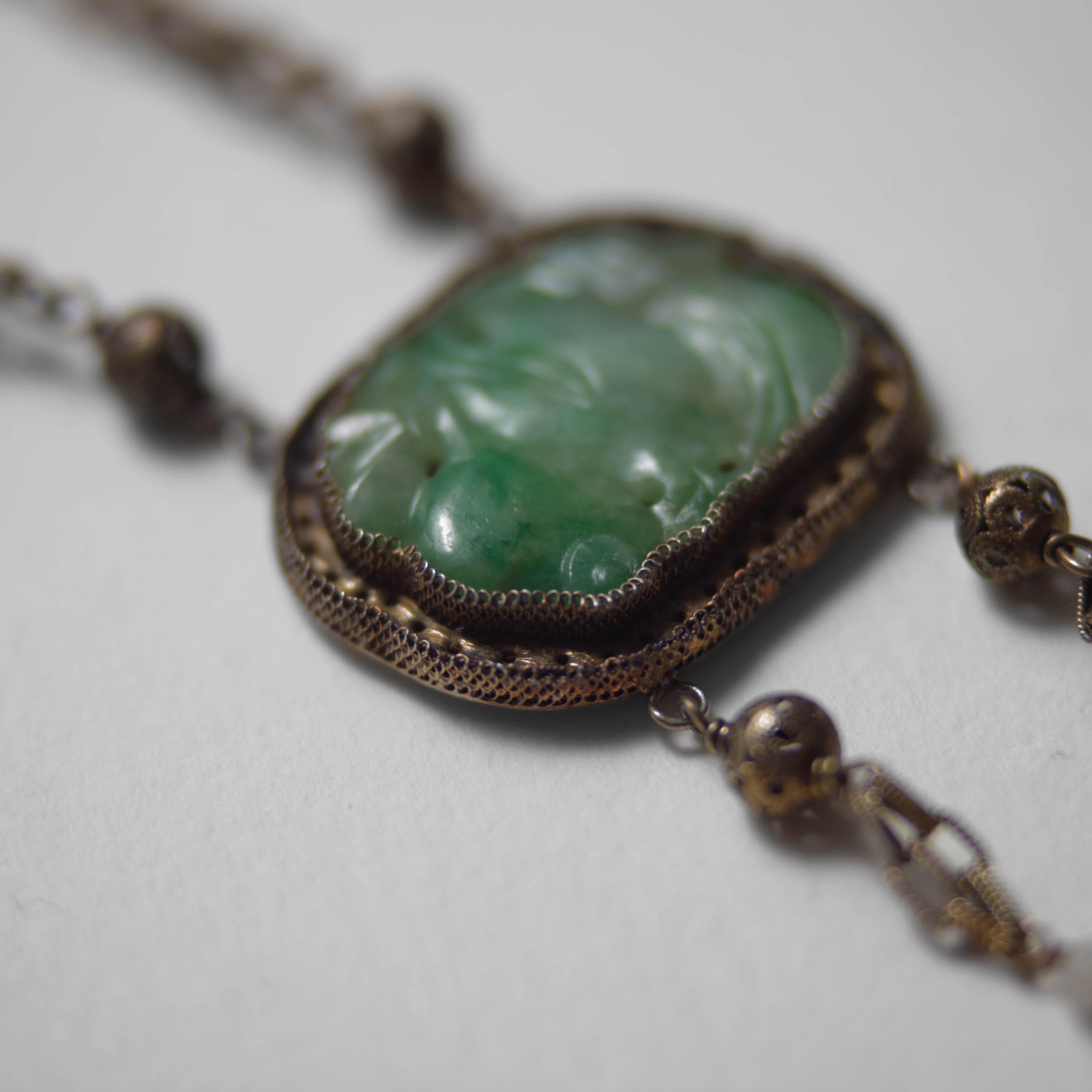 Pear Cut Antique Chinese Jade & Tourmaline Gilt Necklace Art Nouveau For Sale