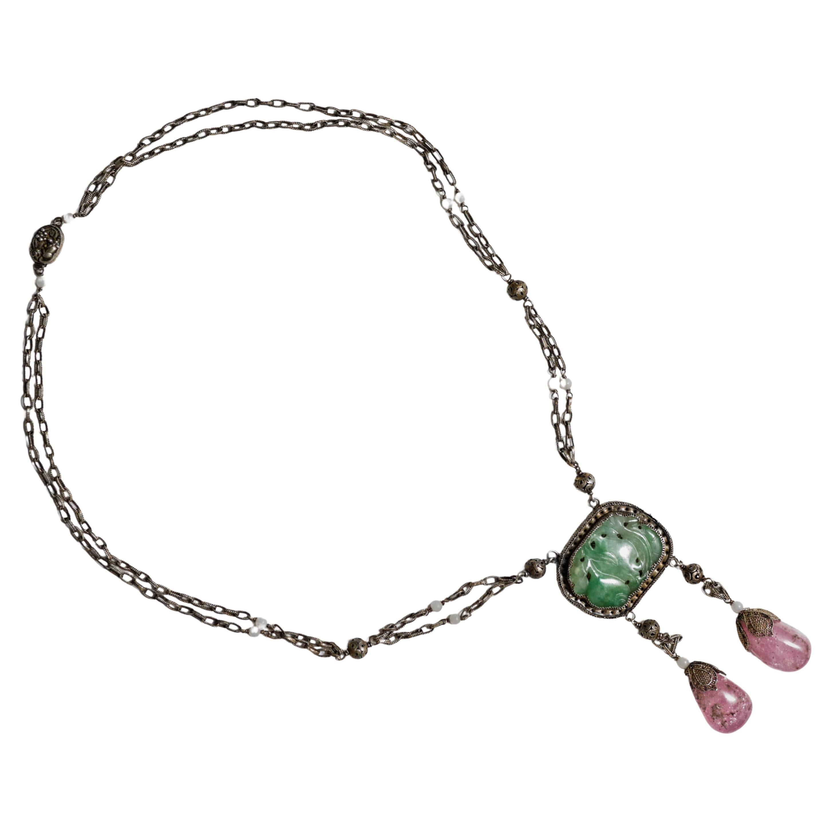 Antique Chinese Jade & Tourmaline Gilt Necklace Art Nouveau For Sale