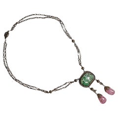 Vintage Chinese Jade & Tourmaline Gilt Necklace Art Nouveau