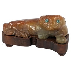 Antique Chinese Jadeite Recumbent Cat Pendant Turquoise Inlaid Eyes 19c Qing