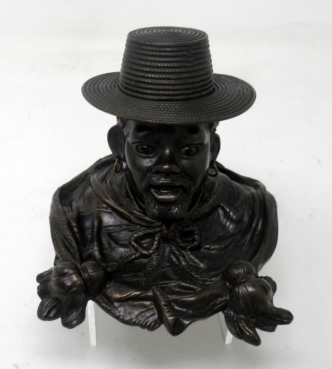 Regency Antique Chinese Japanese Bronze Inkwell Male Bust Pair French Ormolu Desk Set For Sale