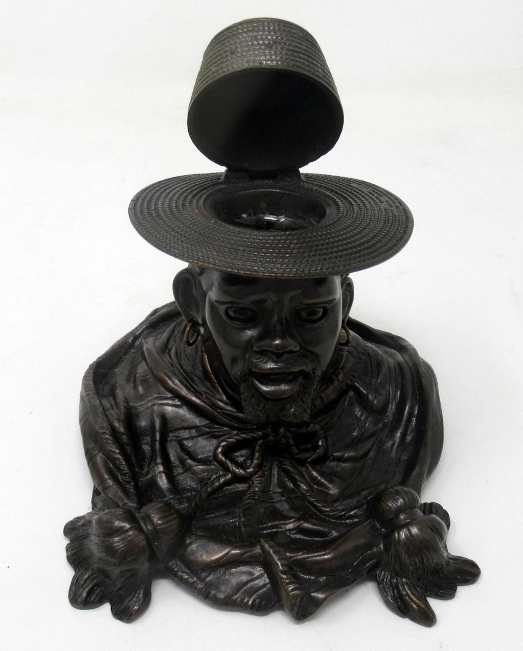 Antique Chinese Japanese Bronze Inkwell Male Bust Pair French Ormolu Desk Set In Good Condition For Sale In Dublin, Ireland