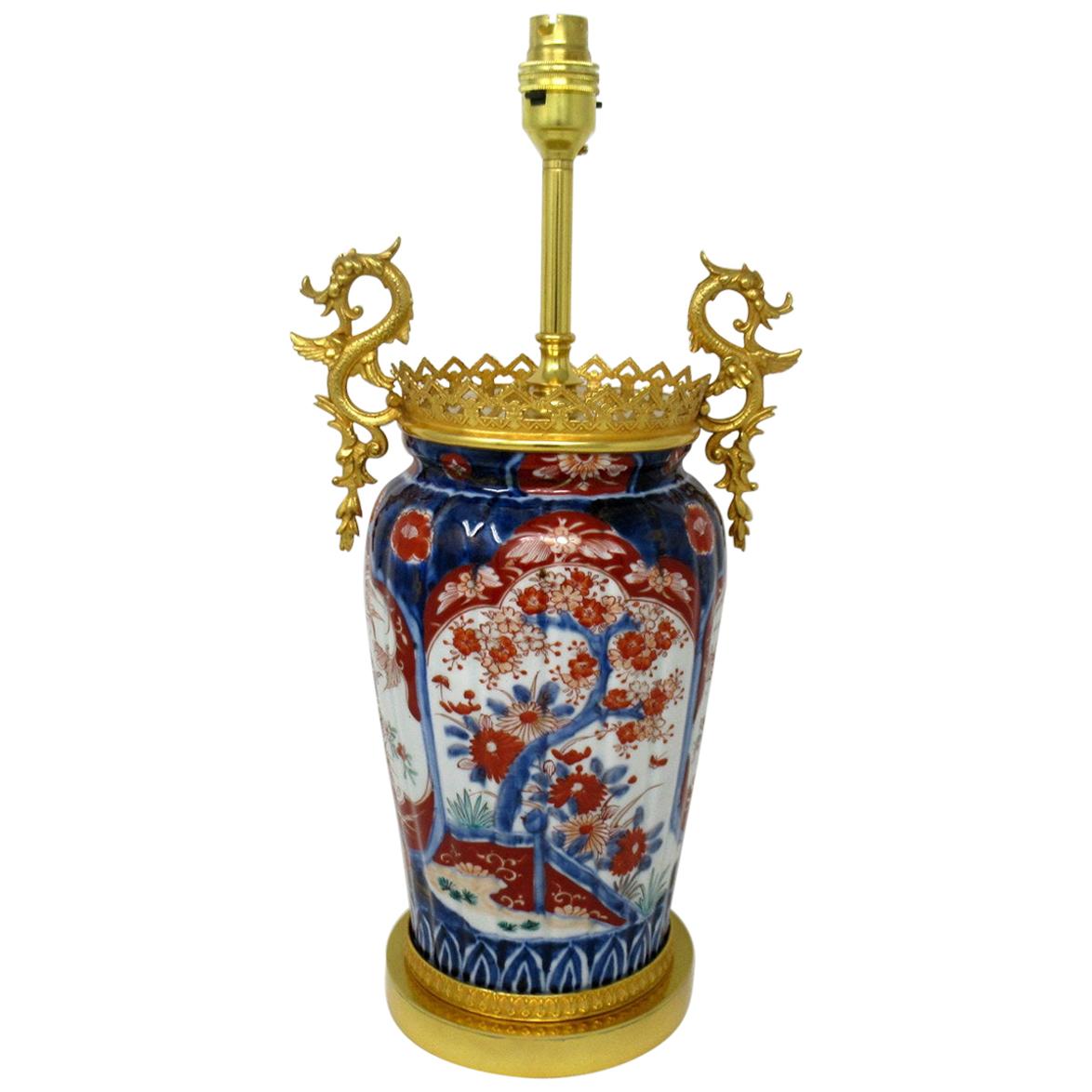 Antique Chinese Japanese Hand Painted Imari Gilt Bronze Table Lamp Gold Blue Red