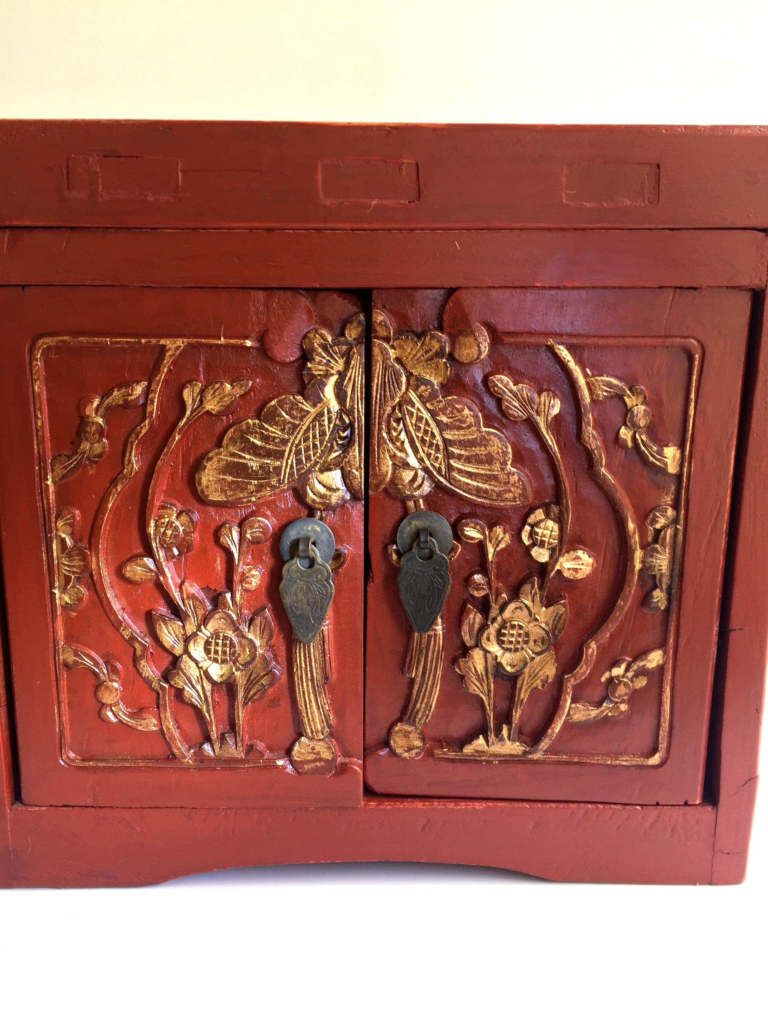 Hand-Painted Antique Chinese Jewelry Box, Red Lacquered