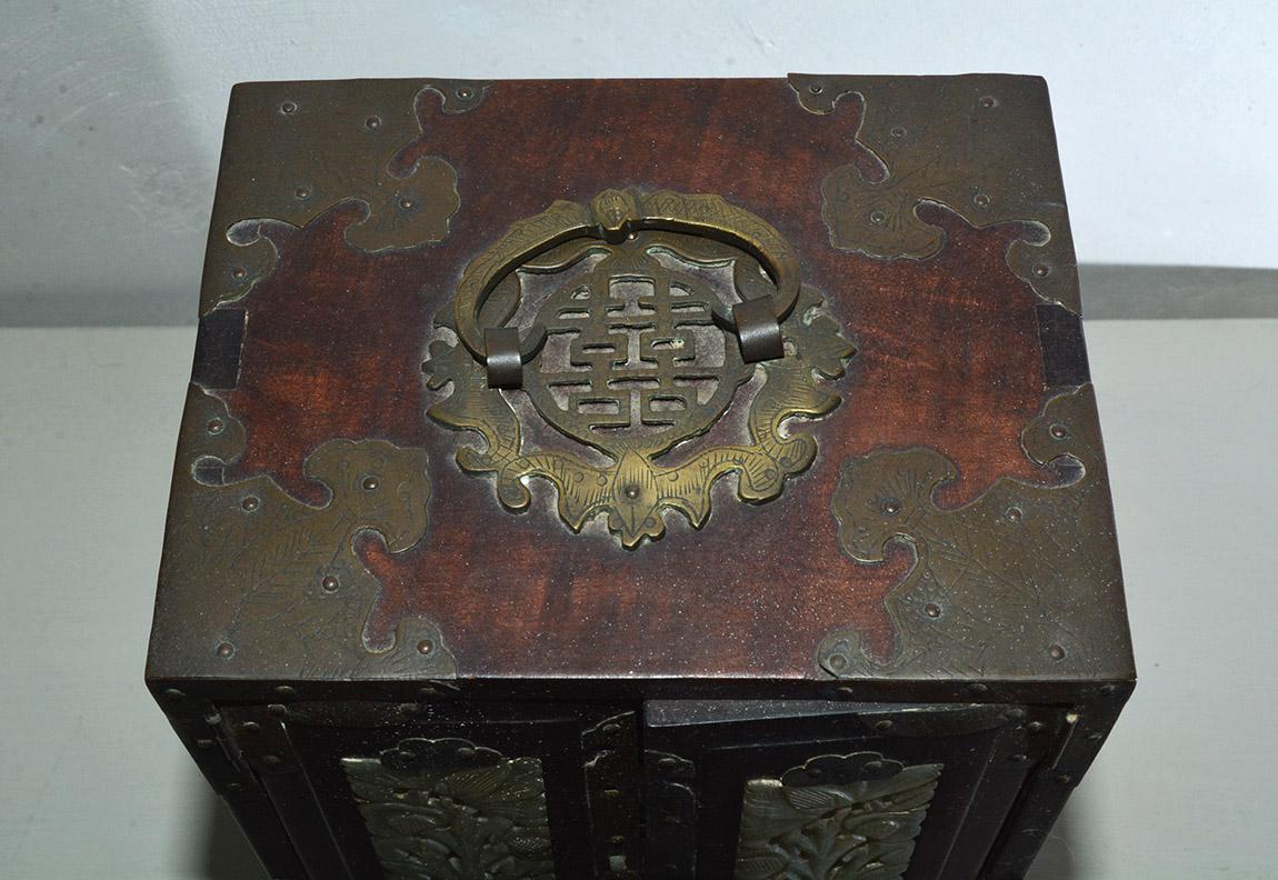 Brass Panels and Clasp Asian Decor Vintage Chinese Wooden Jewellery Box Silk Interior Jade medallion Wooden Box Chest