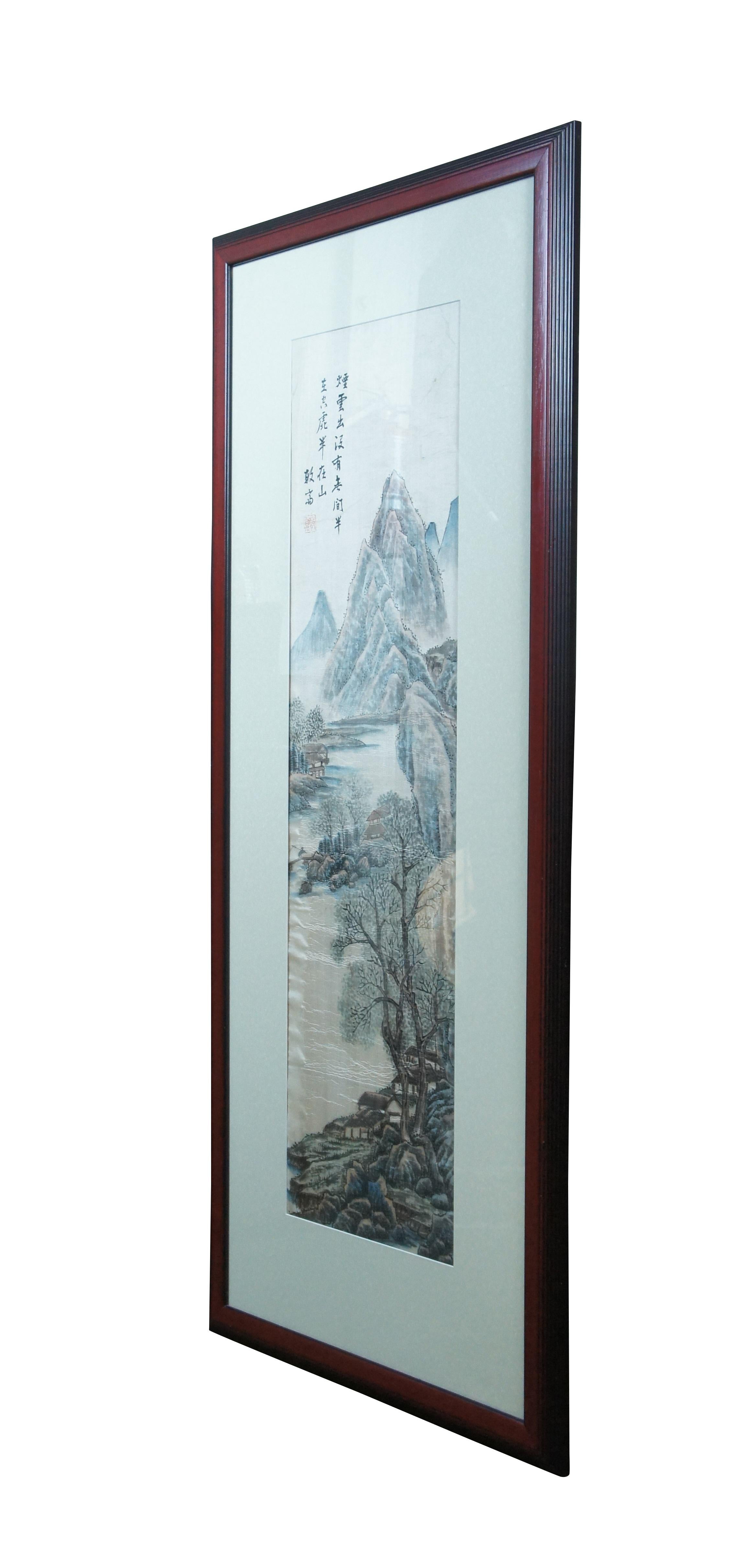 Antique Chinese watercolor painting on silk showing a sweeping mountain landscape with cottages along a river. Wood frame with beveled grooved detail; off white mat.

1 煙雲出沒有無間 misty clouds rising and floating seamlessly
2 半在空虛半在山 half is in the air