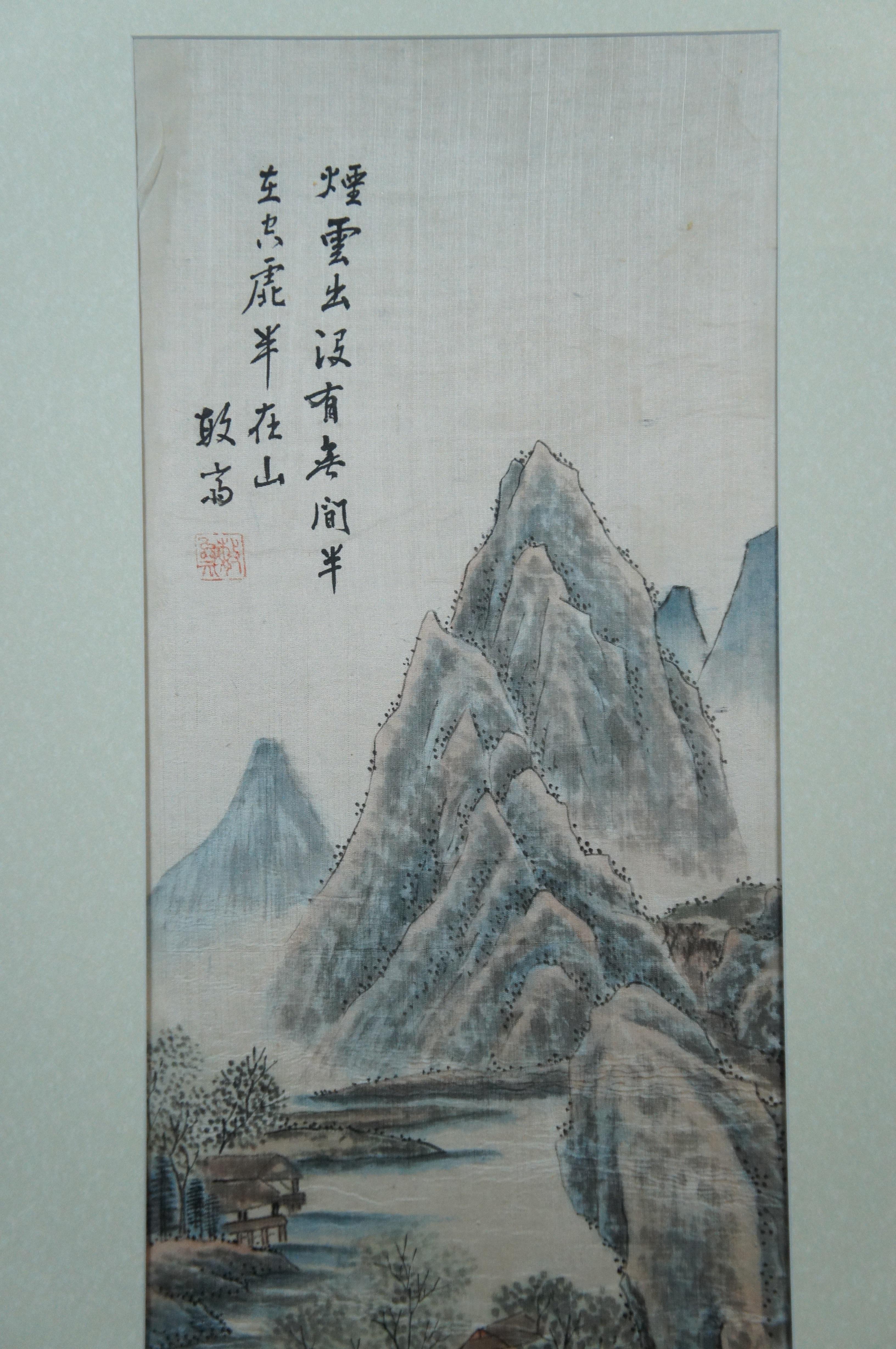 20th Century Antique Chinese Jin Zhai Mountain River Landscape Silk Watercolor Painting 60