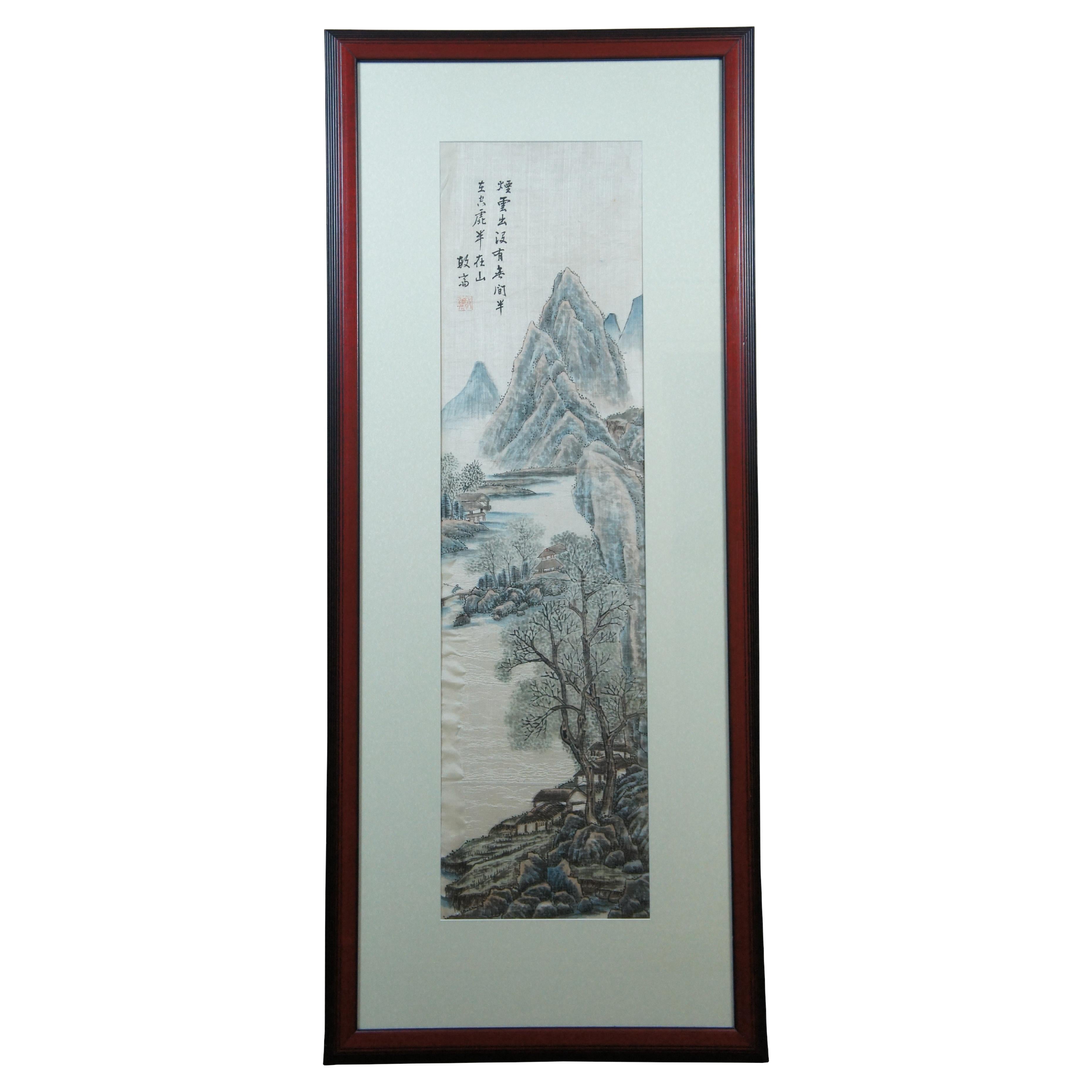 Ancienne peinture à l'aquarelle chinoise Jin Zhai, paysage de rivière de montagne, 60 po.