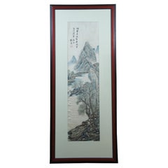 Ancienne peinture à l'aquarelle chinoise Jin Zhai, paysage de rivière de montagne, 60 po.
