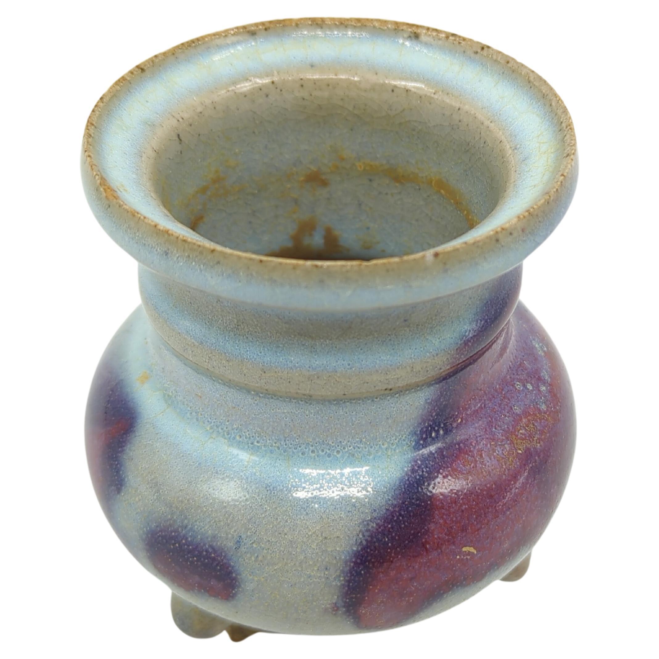 Antique Chinese Jun Ware Porcelain Tripod Censer Light Blue Crackle Glaze Ming For Sale 1