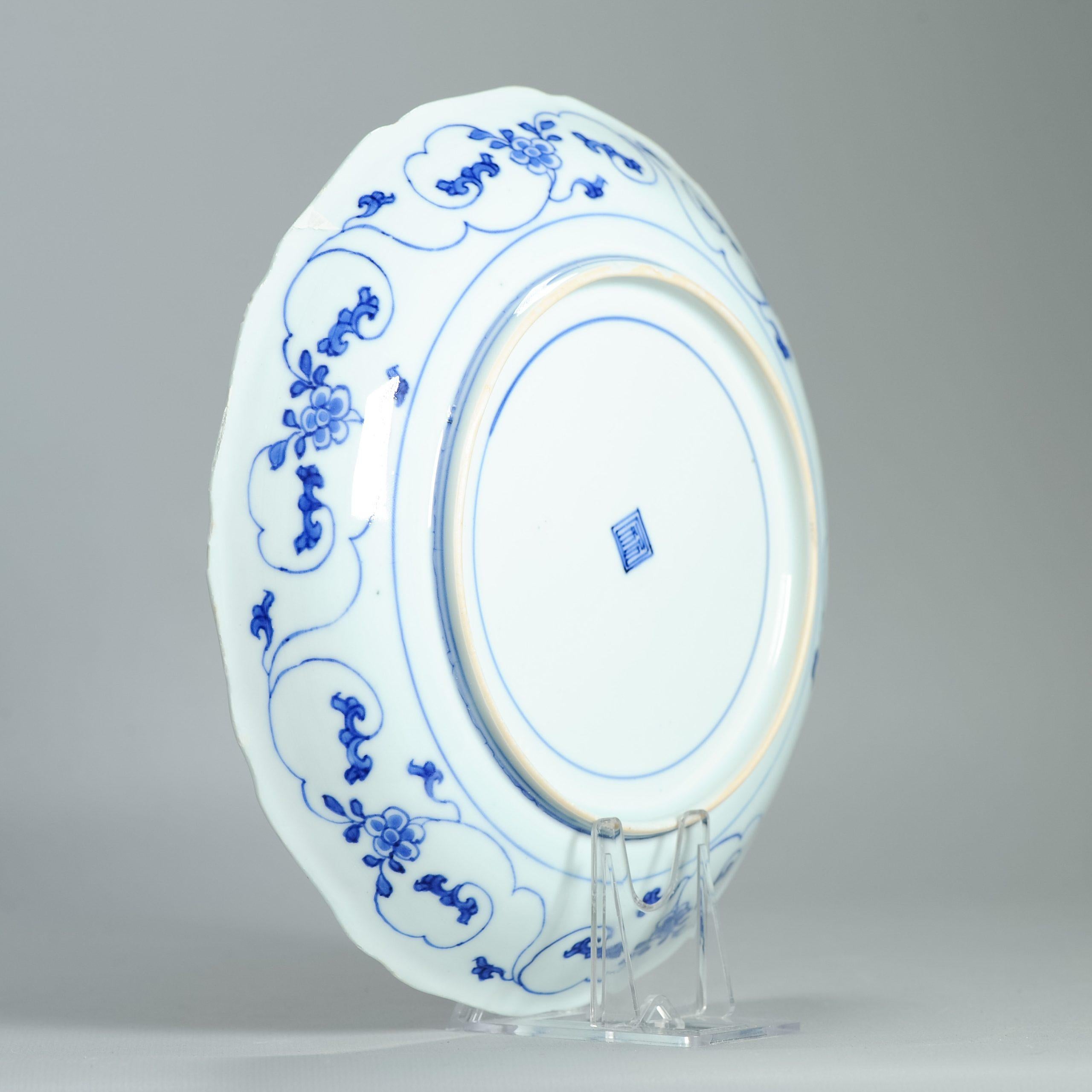 Antike chinesische Kangxi Periode Blau & Weiß Teller Vögel & Blumenrollen markiert im Angebot 3