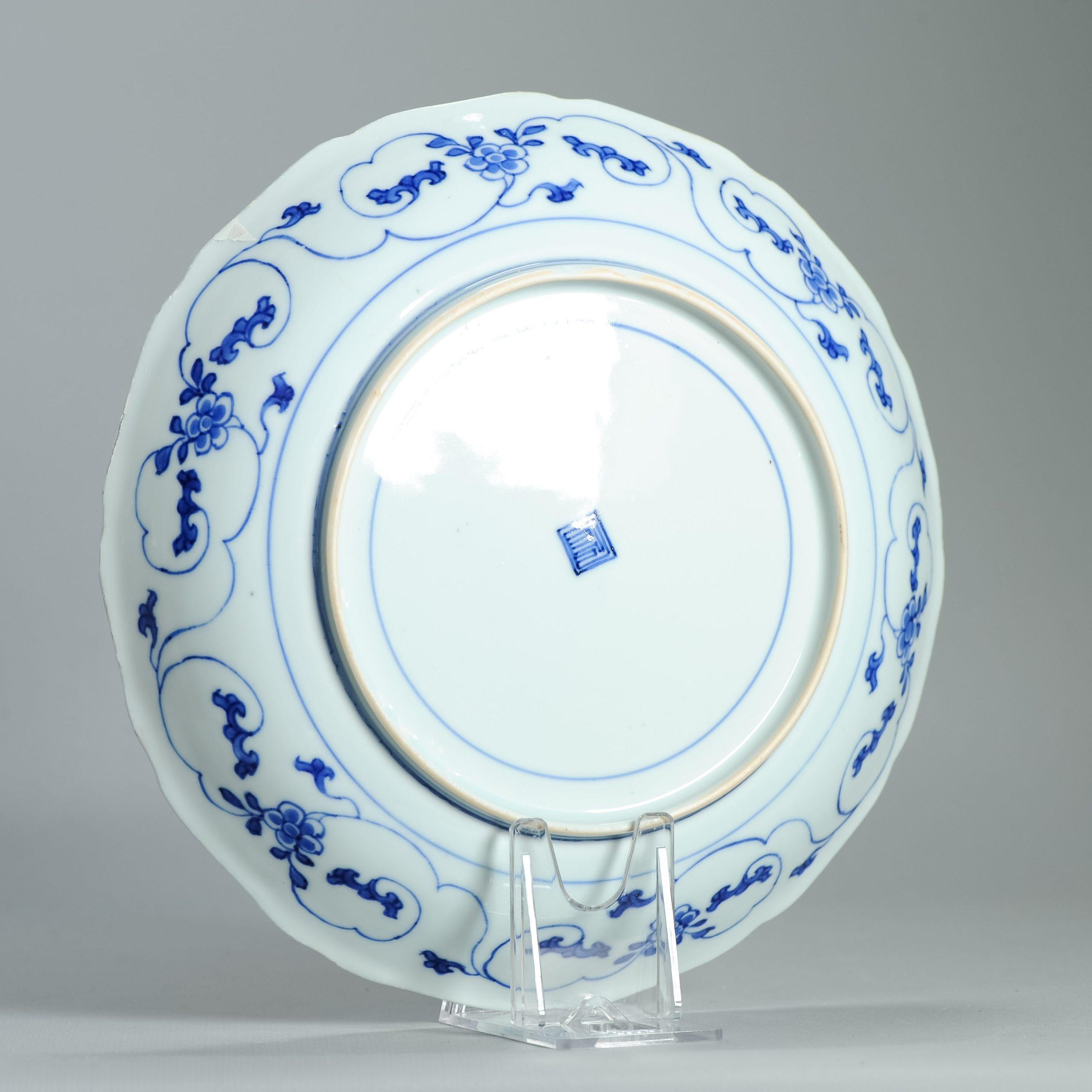 Antike chinesische Kangxi Periode Blau & Weiß Teller Vögel & Blumenrollen markiert im Angebot 6