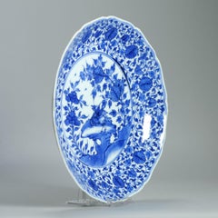 Antique Chinese Kangxi Period Blue & White Plate Birds & Floral Scrolls Marked