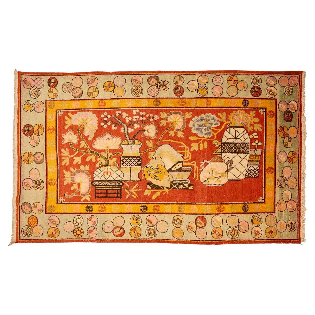 Antique Chinese Khotan Rug With Floral Vases and Unusual Border For ...
