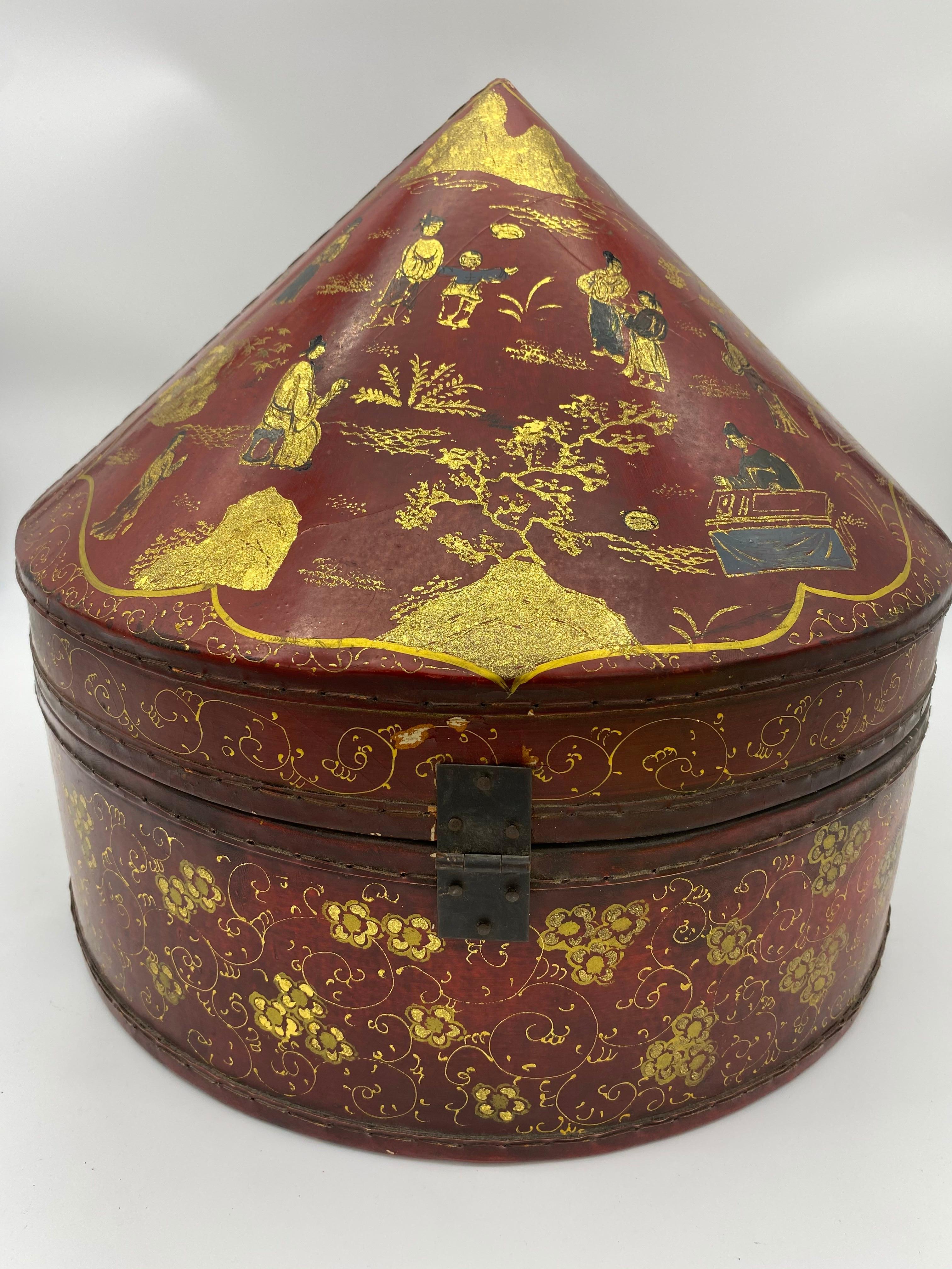 Antique Chinese Lacquer Leather Hat Box In Good Condition In Brea, CA