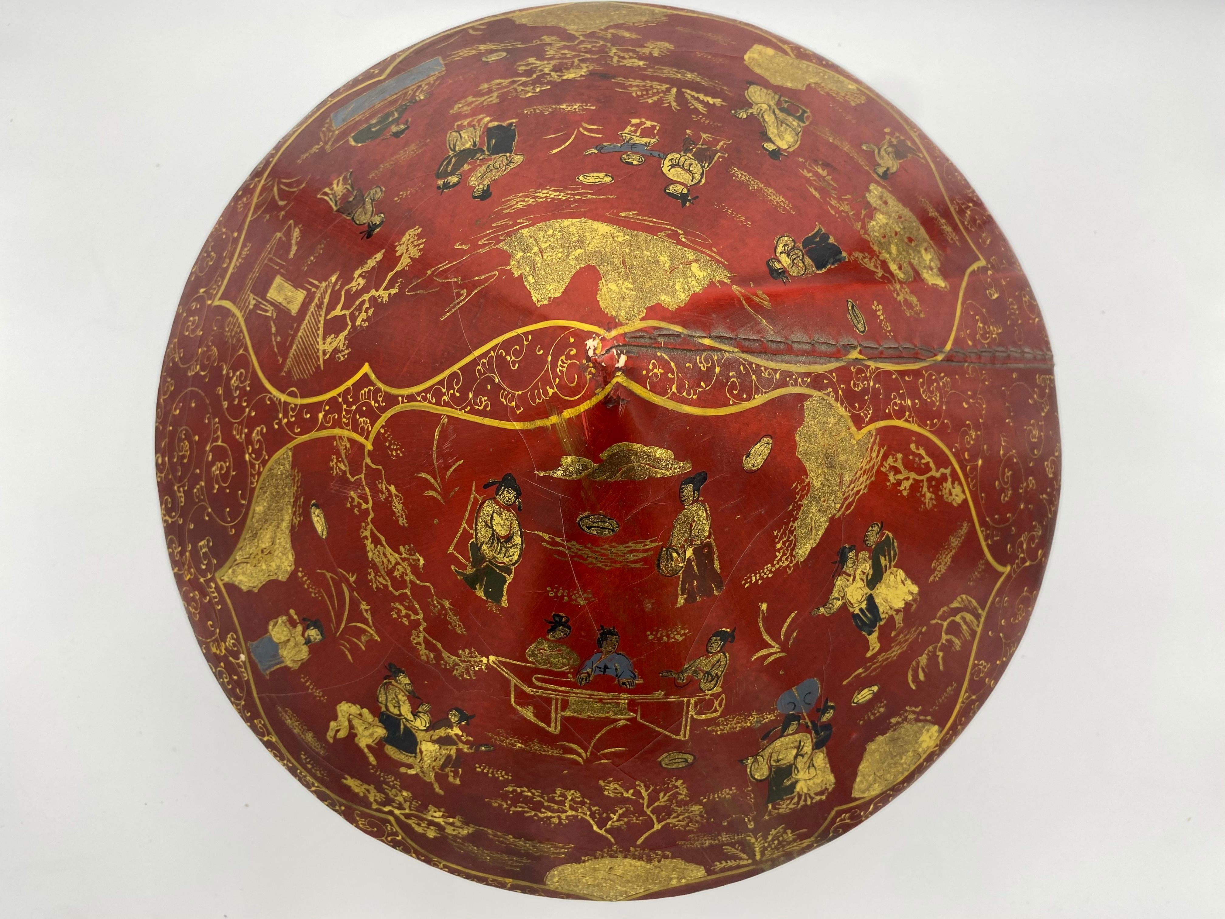Antique Chinese Lacquer Leather Hat Box 3