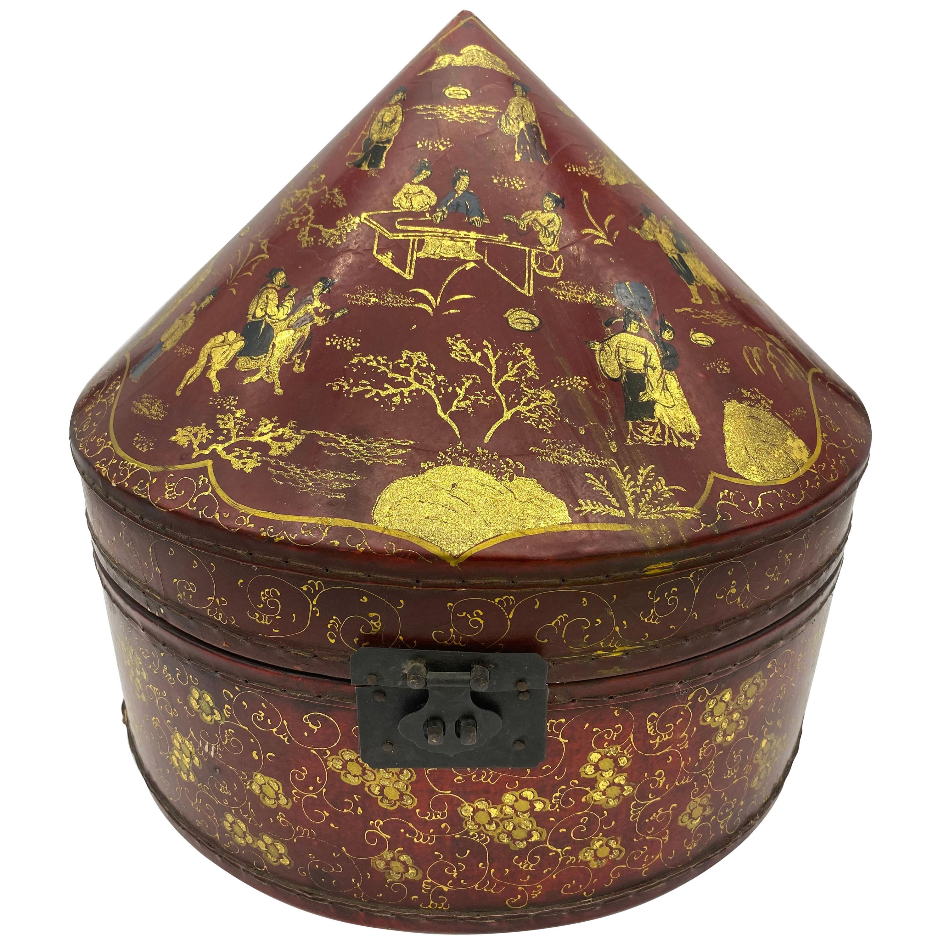 Antique Chinese Lacquer Leather Hat Box