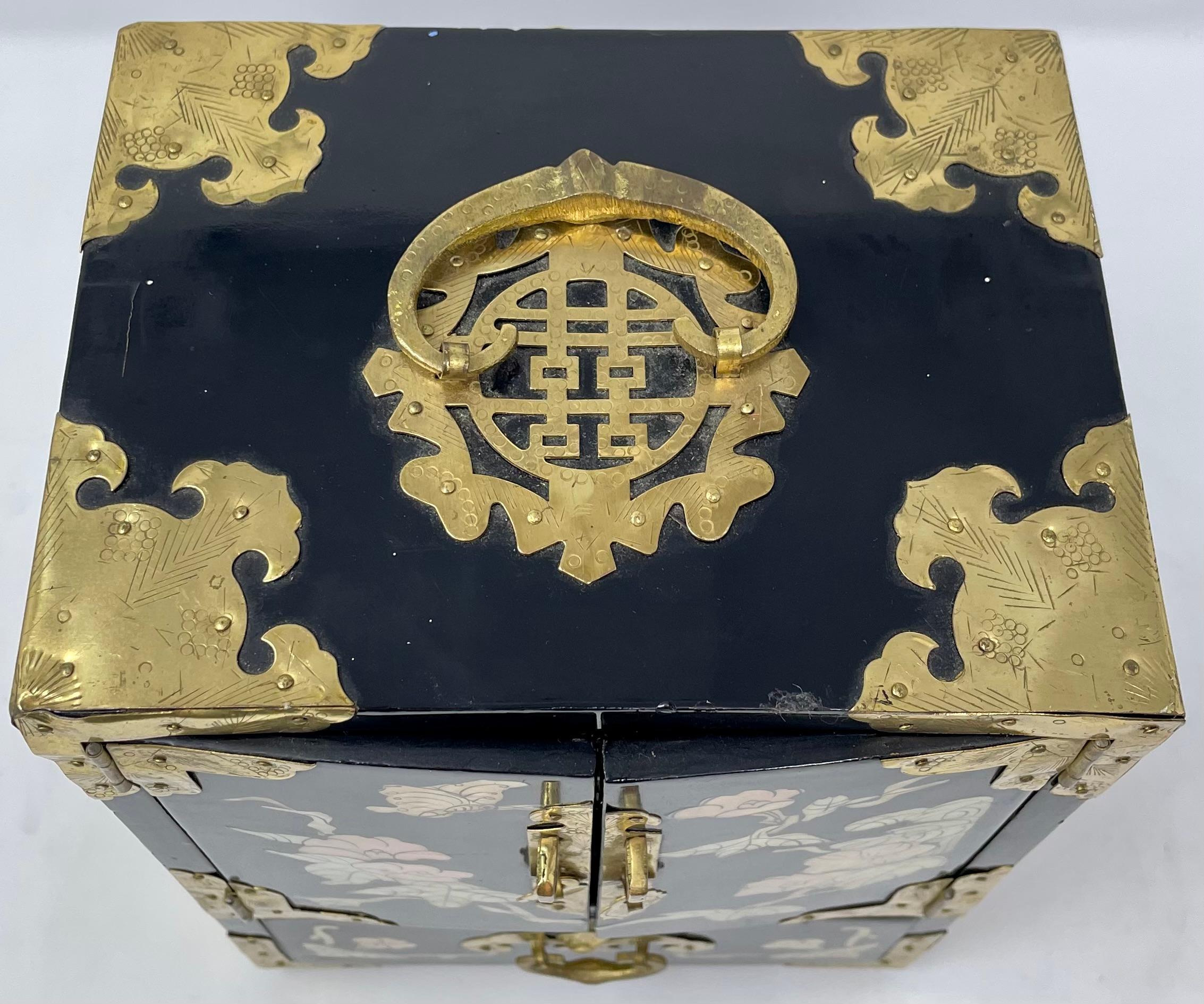 Antique Chinese Lacquer Mahjong Games Box with Brass Mounts, Circa 1910-1920. 4