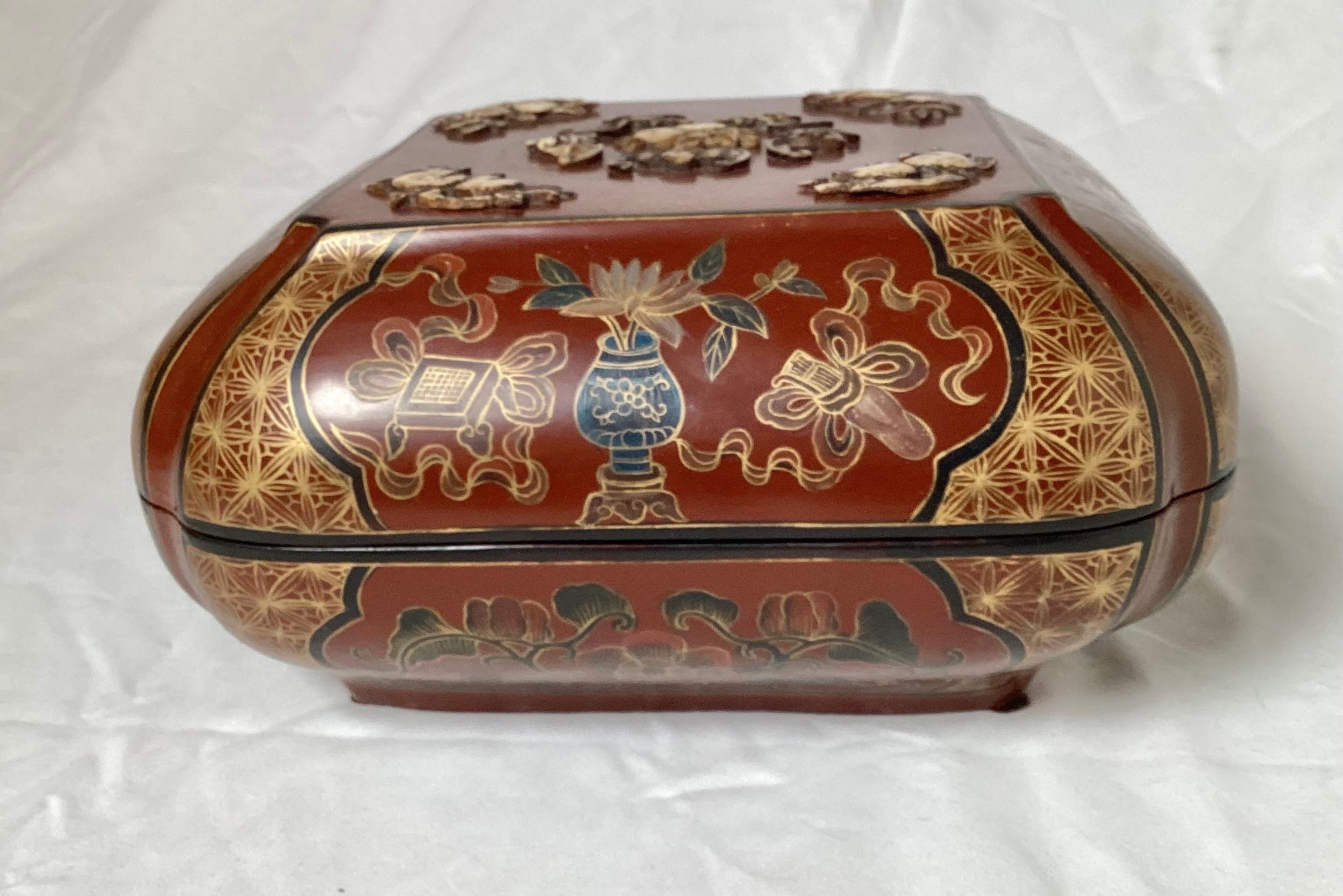 Beautiful iron red lacquer Chinese table box. The red background with gilt decoration with carved bone inlay on the top. 9.5 inches square, The interior with a black lacquer finish, China, Circa 1920's.