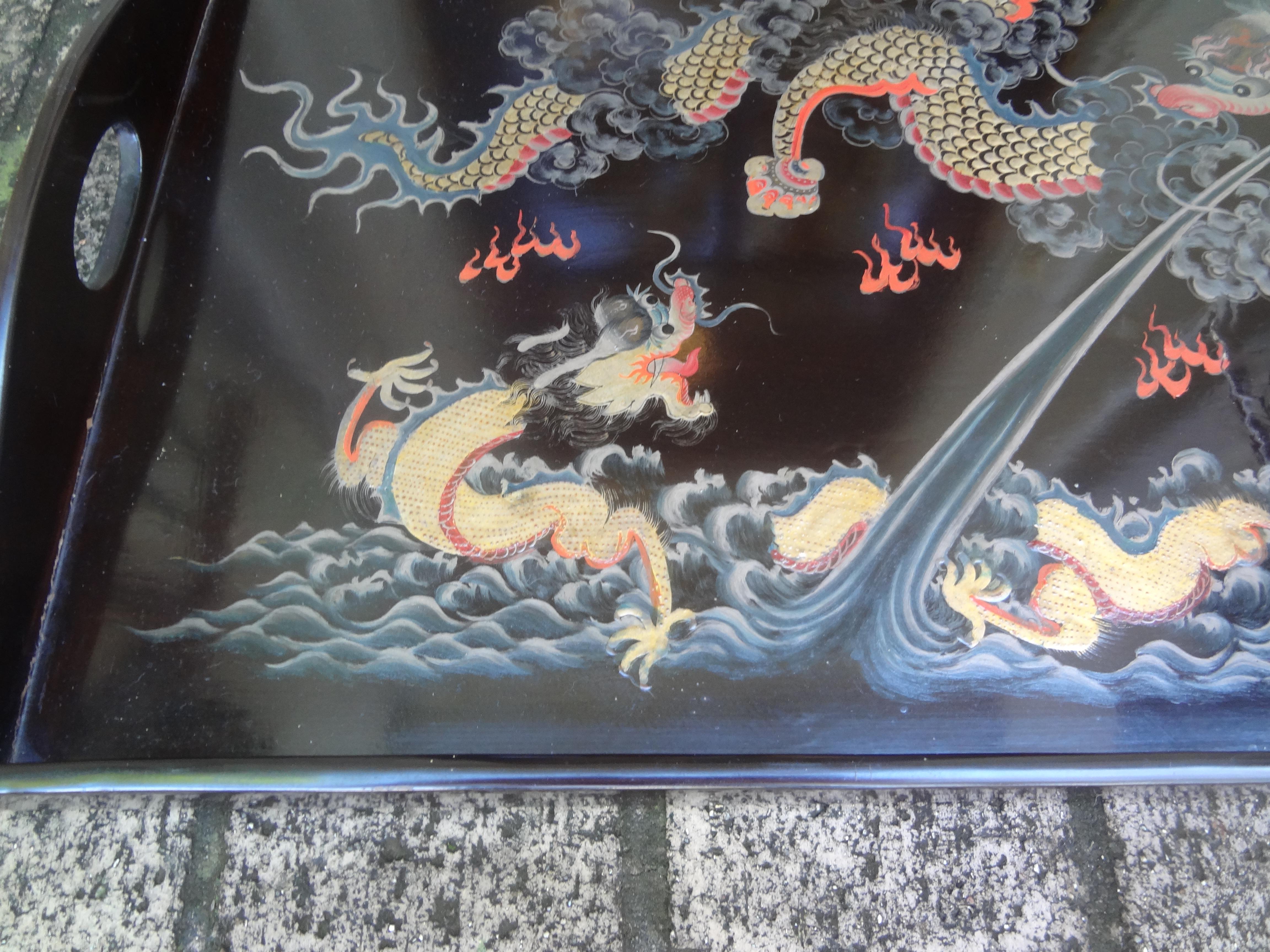 Chinoiserie Antique Chinese Lacquer Tray With Dragons For Sale