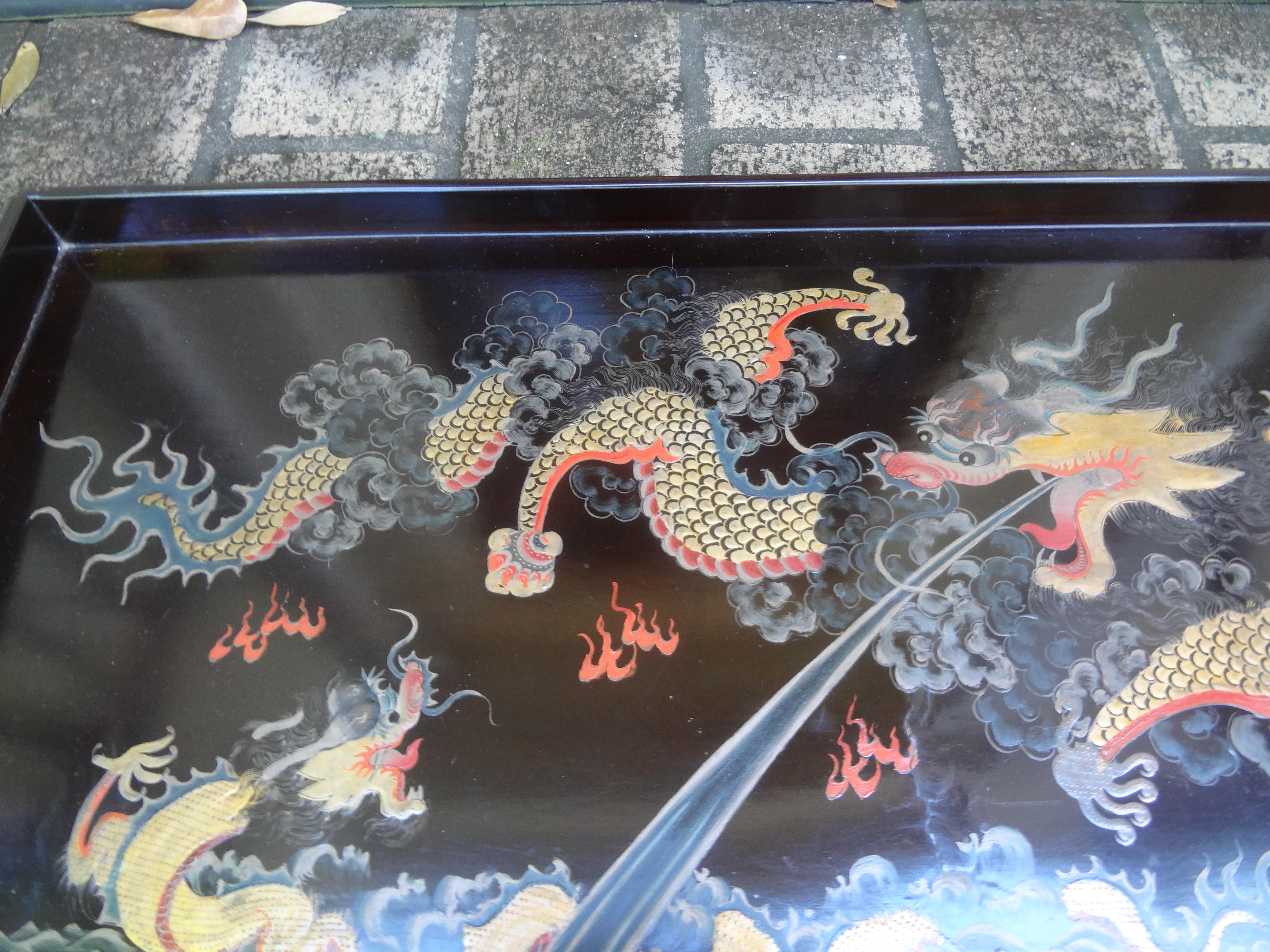 Antique Chinese Lacquer Tray With Dragons In Good Condition For Sale In Houston, TX