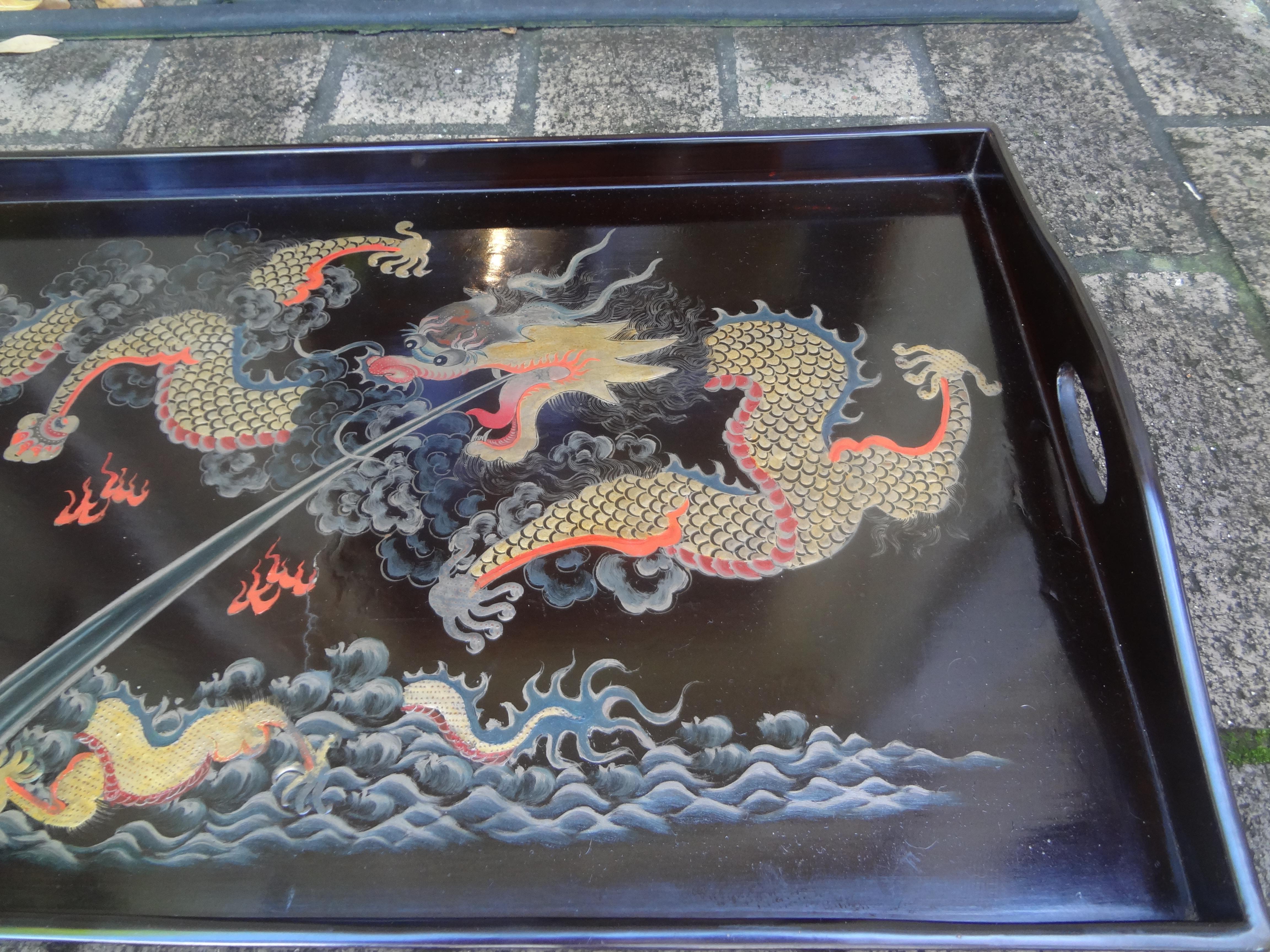 Early 20th Century Antique Chinese Lacquer Tray With Dragons For Sale
