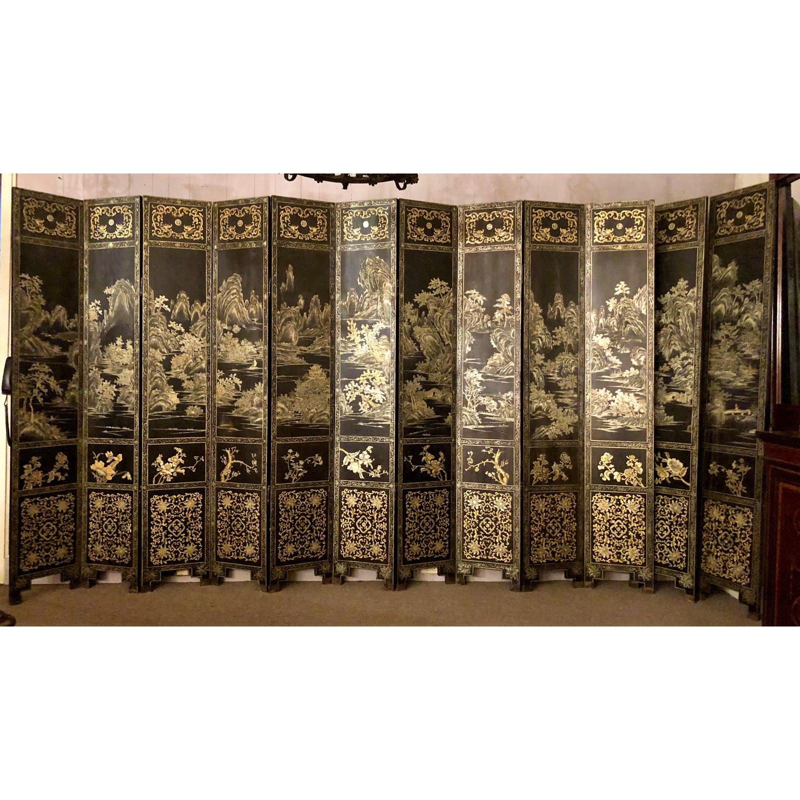 This 12 panel laquered screen tells stories on its panels and each panel measures approximately 14 inches wide. It is a real beauty and at 82 inches high, can really serve as a room separator in addition to a decorative piece.
   