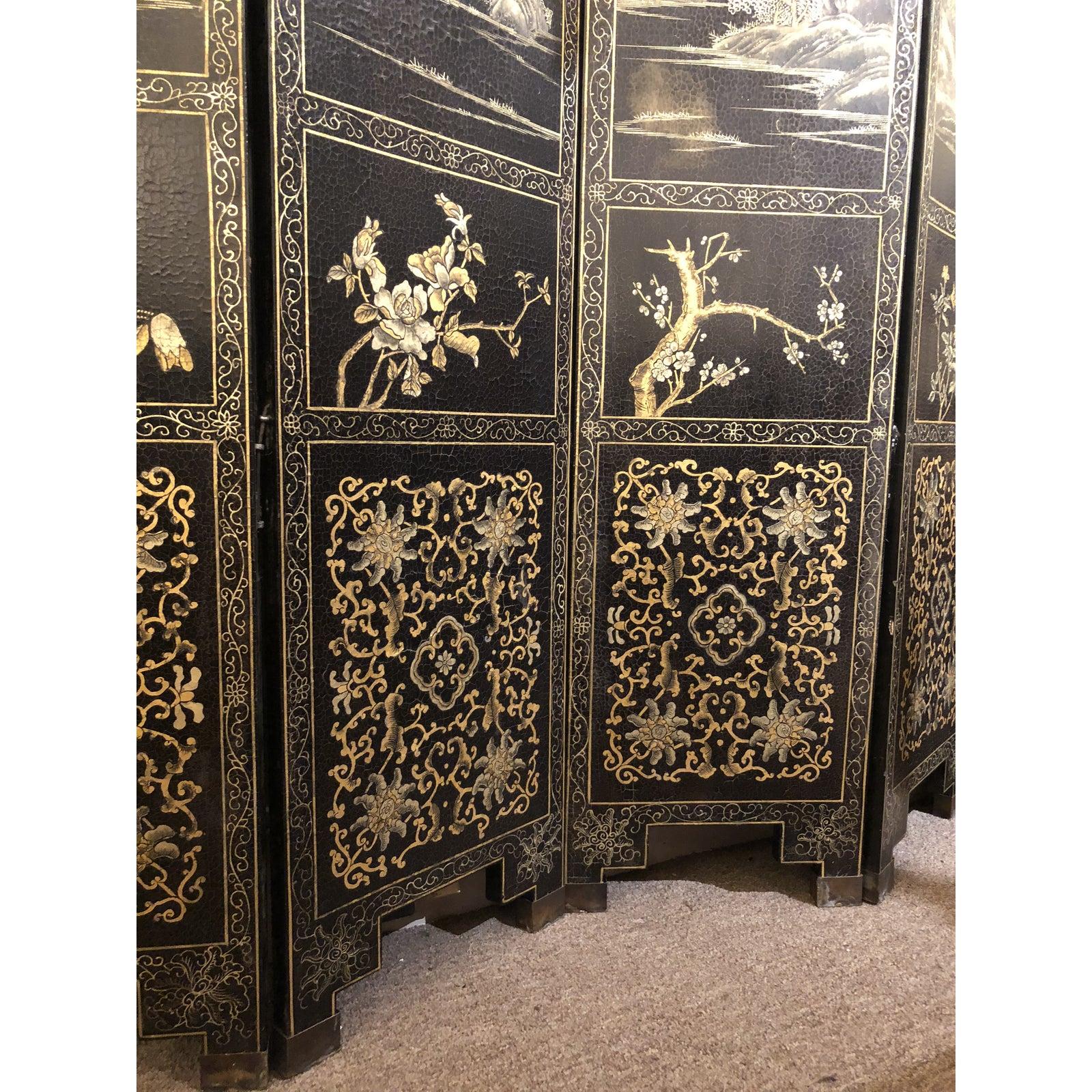 Wood Antique Chinese Lacquered 12 Panel Screen