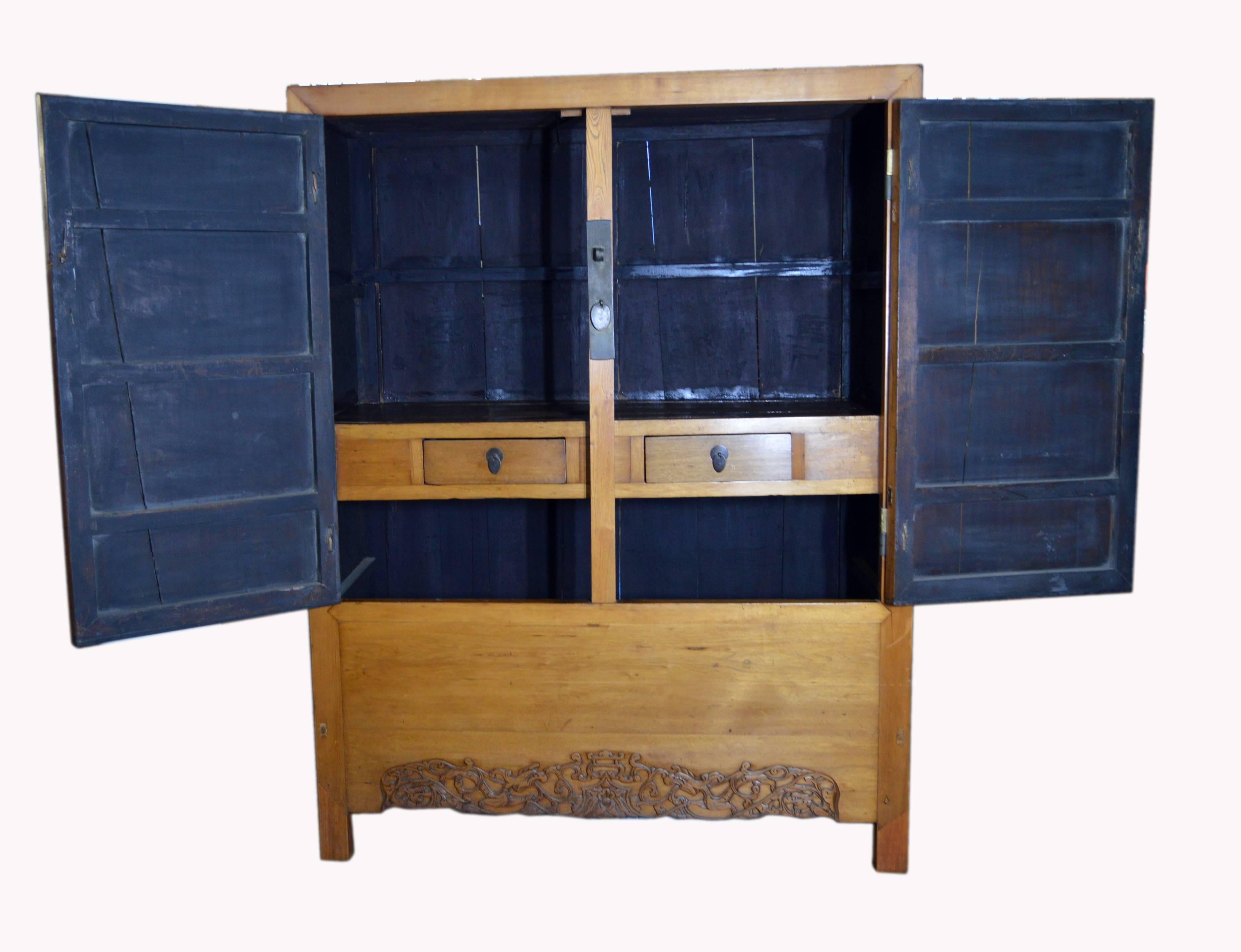 Carved Antique Chinese Lacquered Cabinet with Doors, Drawers and Brass Hardware For Sale