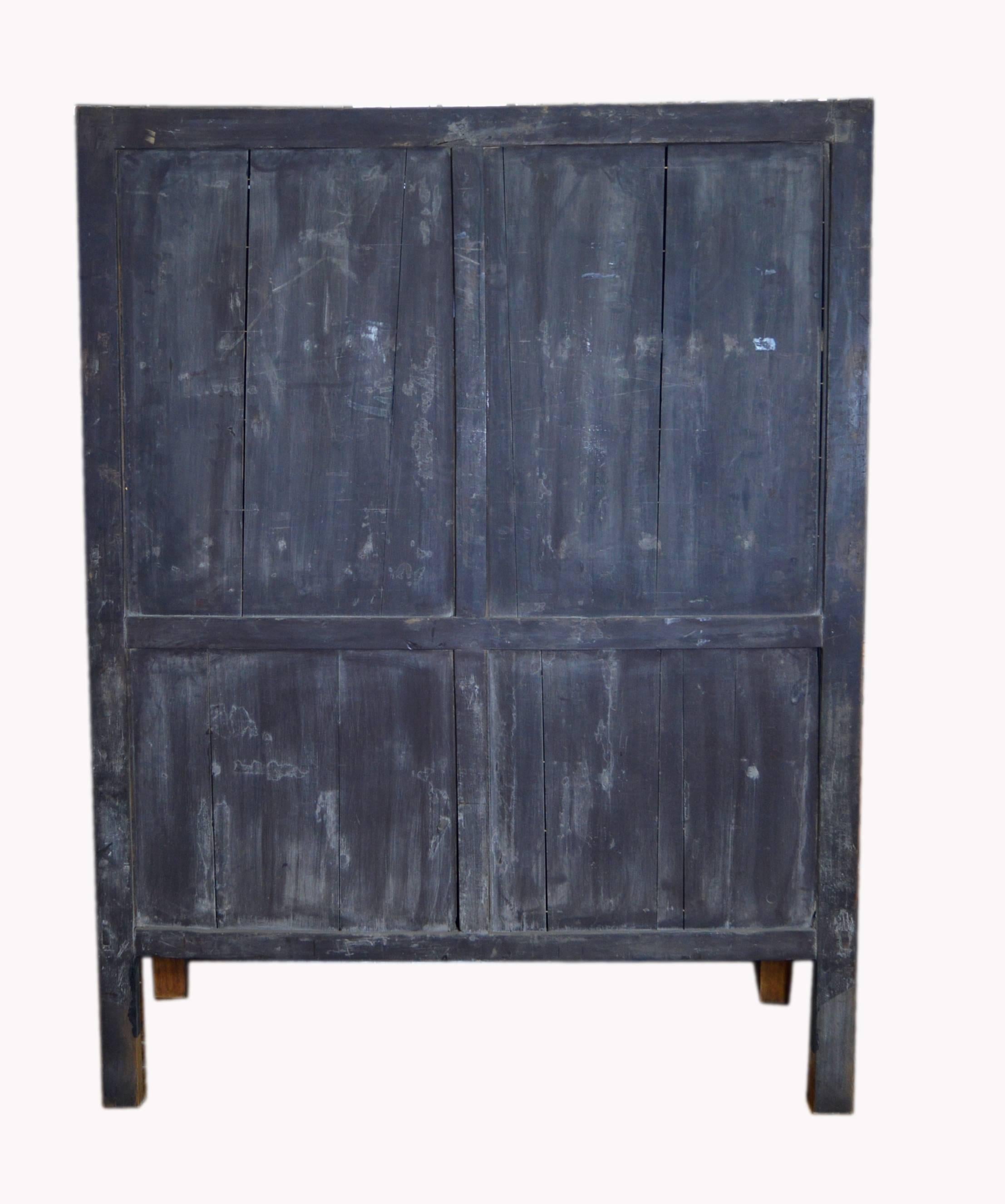 Wood Antique Chinese Lacquered Cabinet with Doors, Drawers and Brass Hardware For Sale