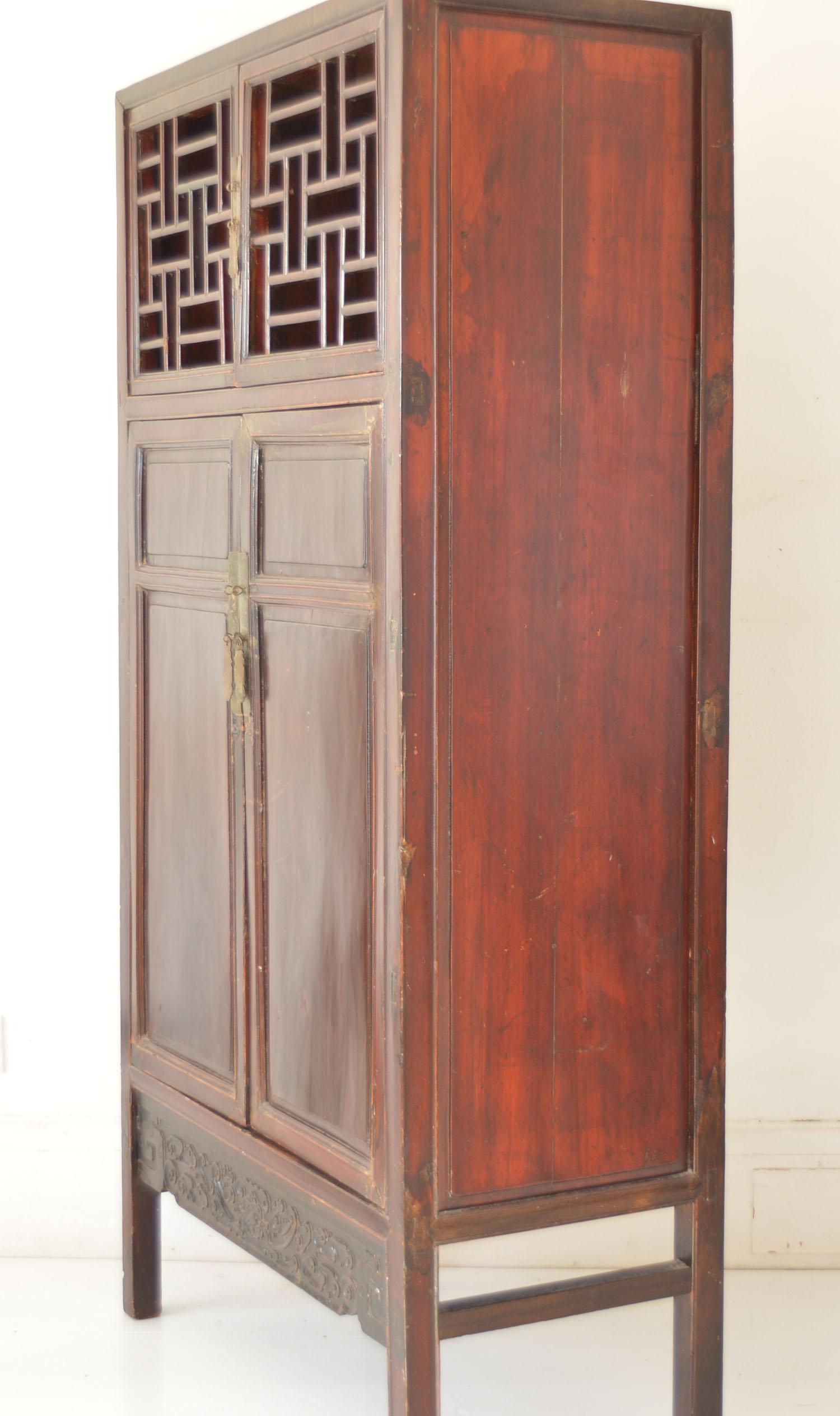 Chinoiserie Antique Chinese Lacquered Cabinet with Lattice Work Doors, 19th Century