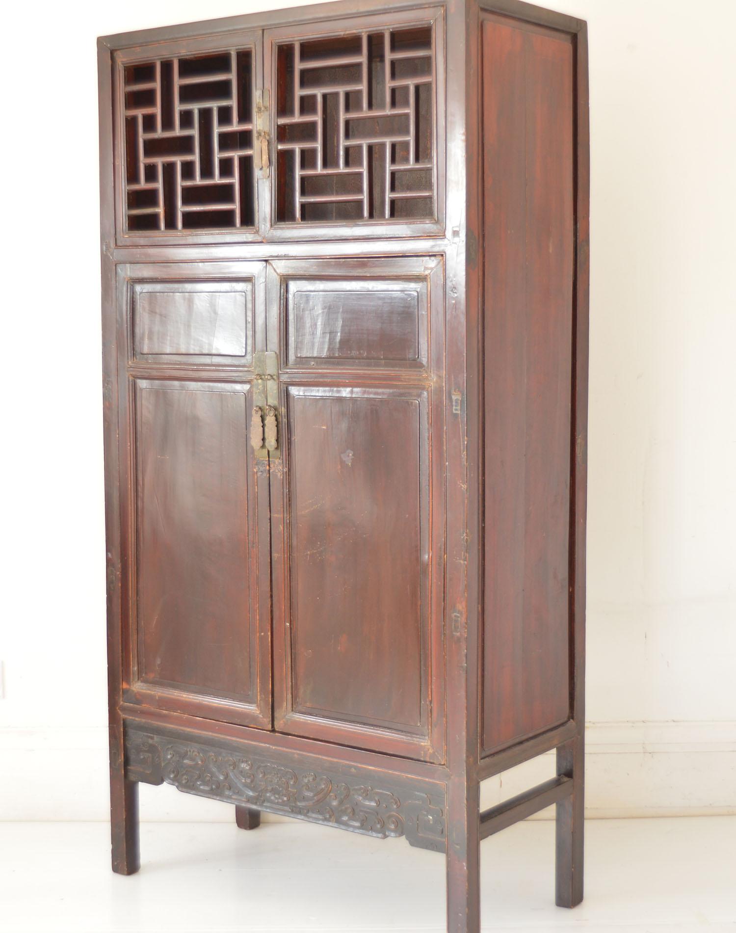 Antique Chinese Lacquered Cabinet with Lattice Work Doors, 19th Century In Good Condition In St Annes, Lancashire