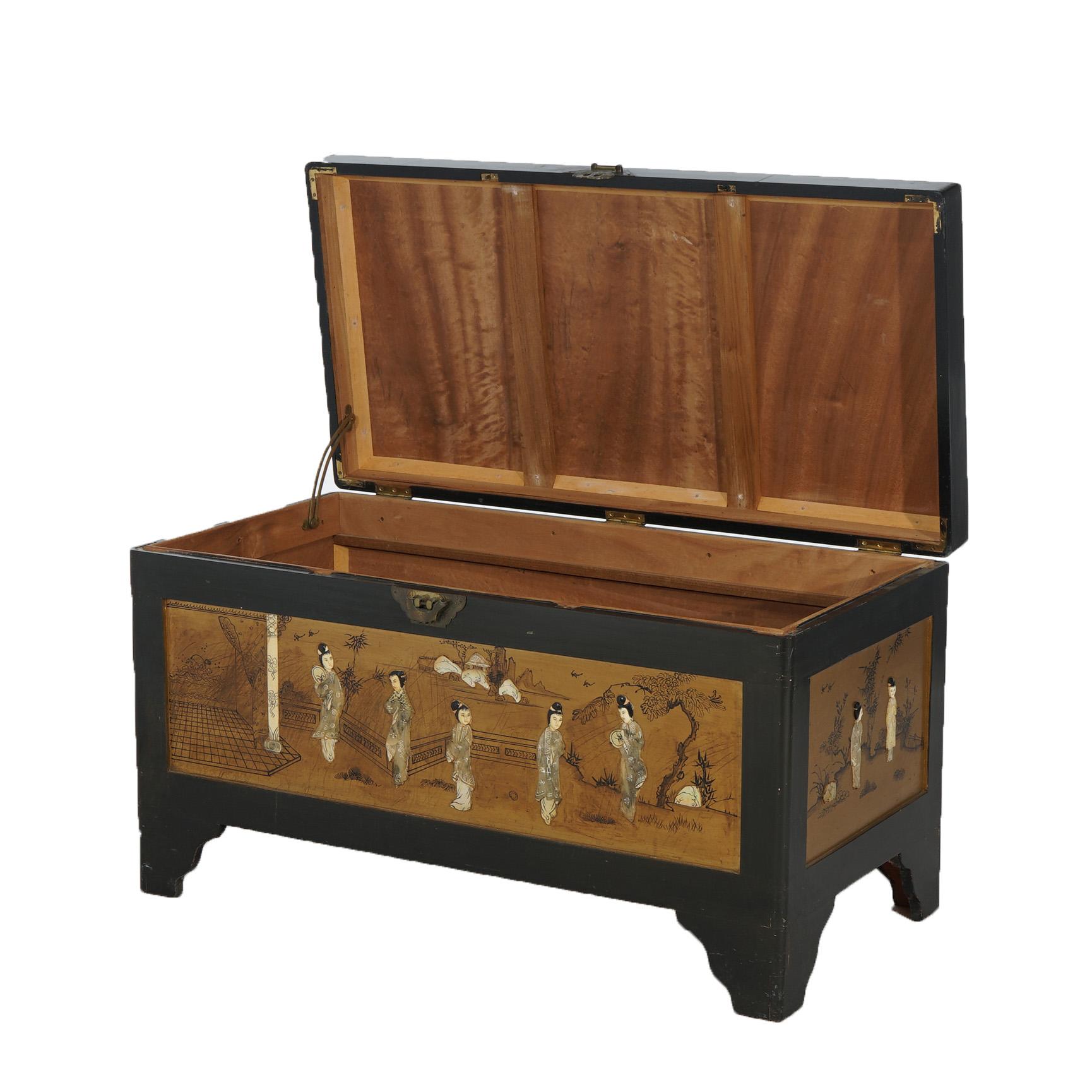 Antique Chinese Lacquered Ebonized & Gilt Blanket Chest with Mother of Pearl For Sale 5